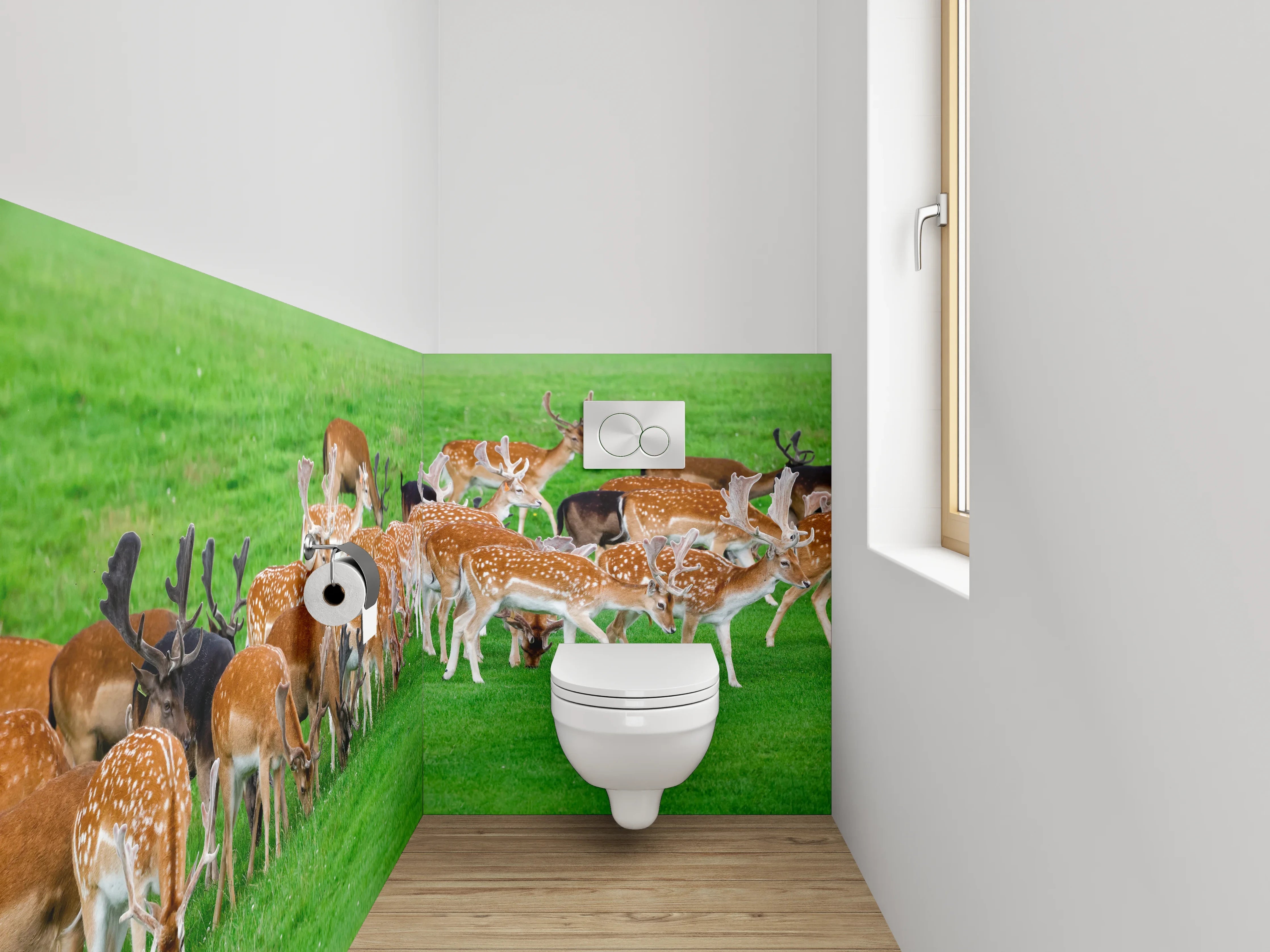 WC-Rückwand - Wild lebende Damhirsche auf grüner Wiese