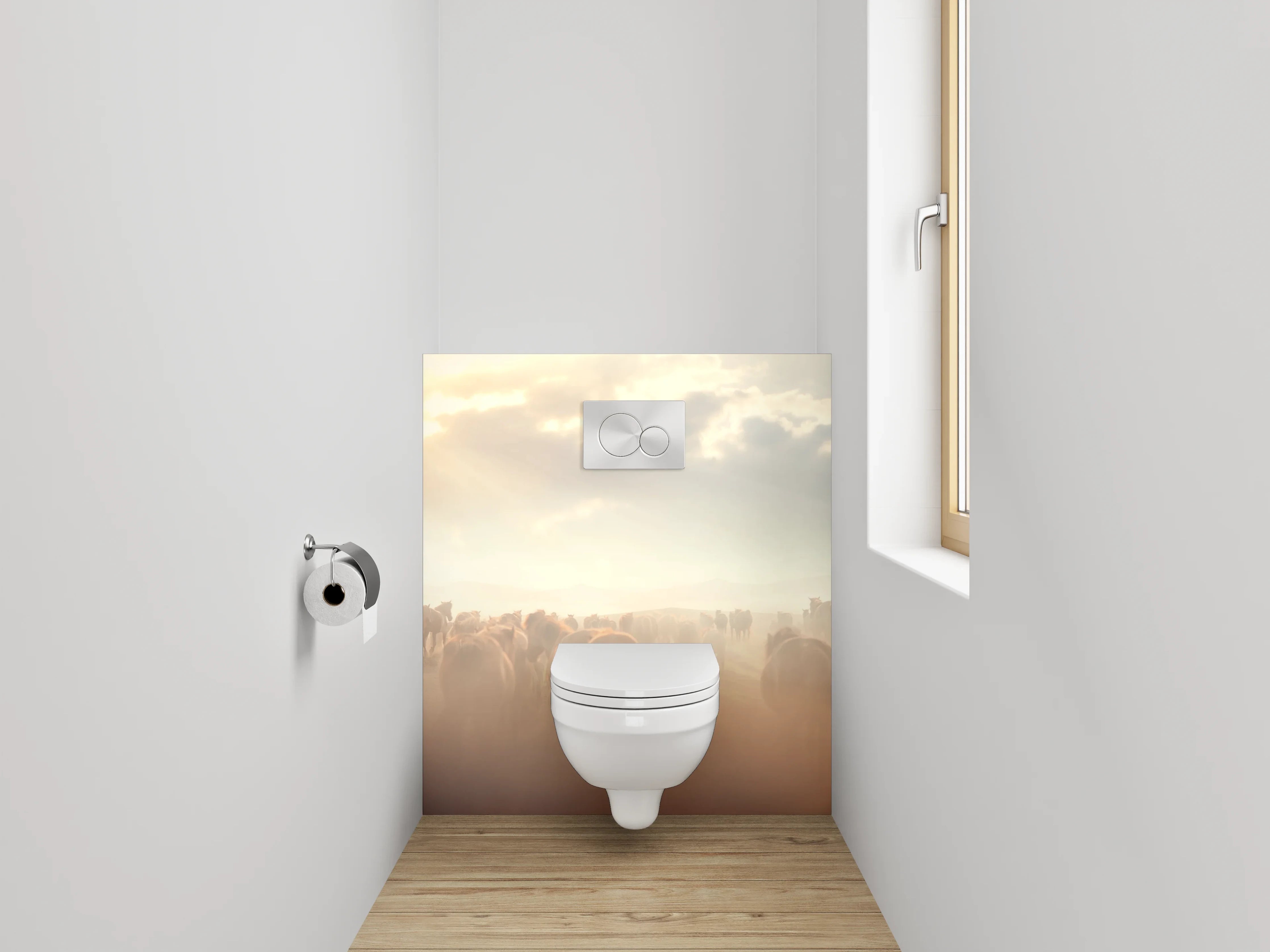 WC-Rückwand - Wildpferdeherde im Sonnenlicht Panorama