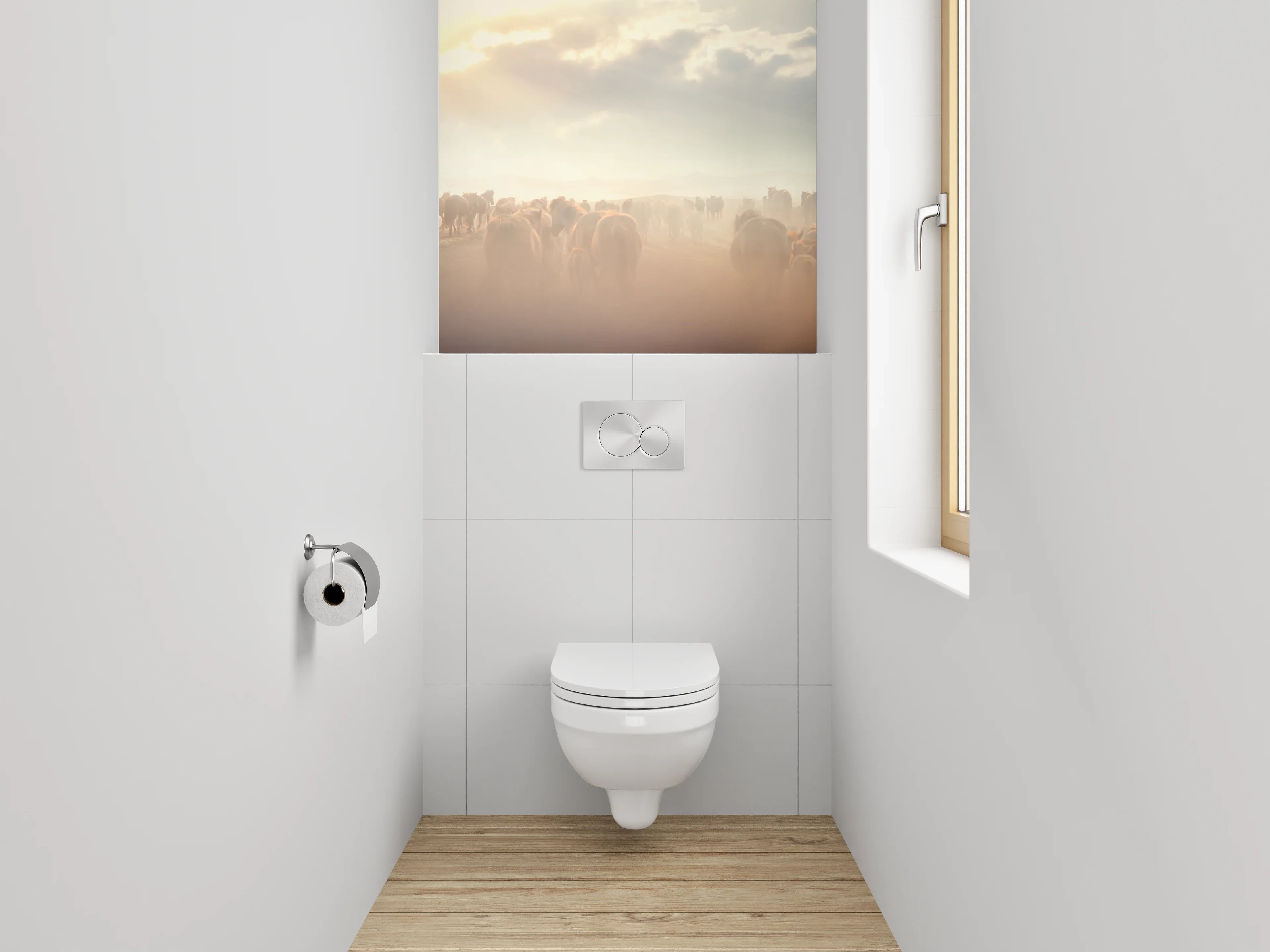 WC-Rückwand - Wildpferdeherde im Sonnenlicht Panorama