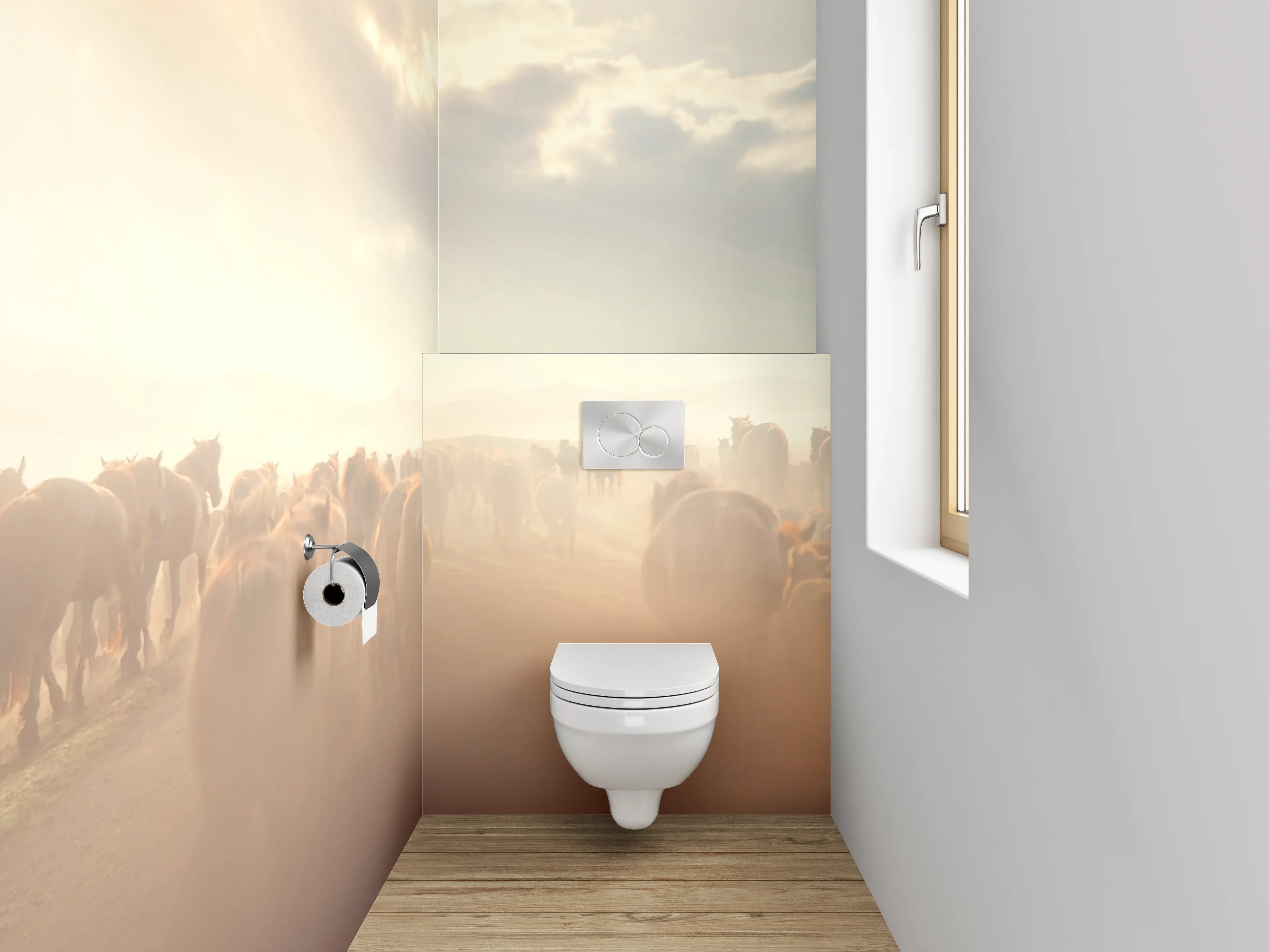 WC-Rückwand - Wildpferdeherde im Sonnenlicht Panorama
