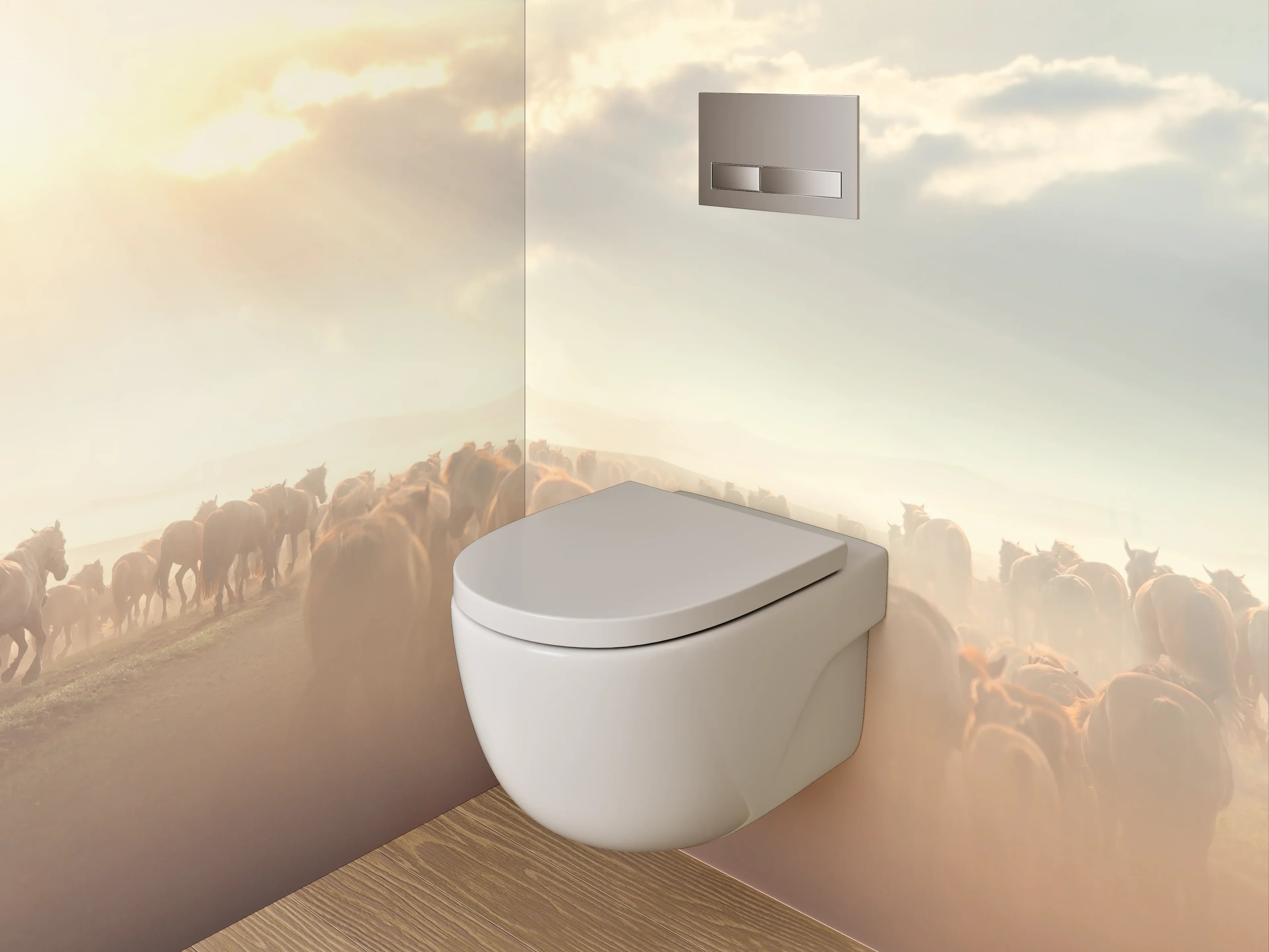 WC-Rückwand - Wildpferdeherde im Sonnenlicht Panorama