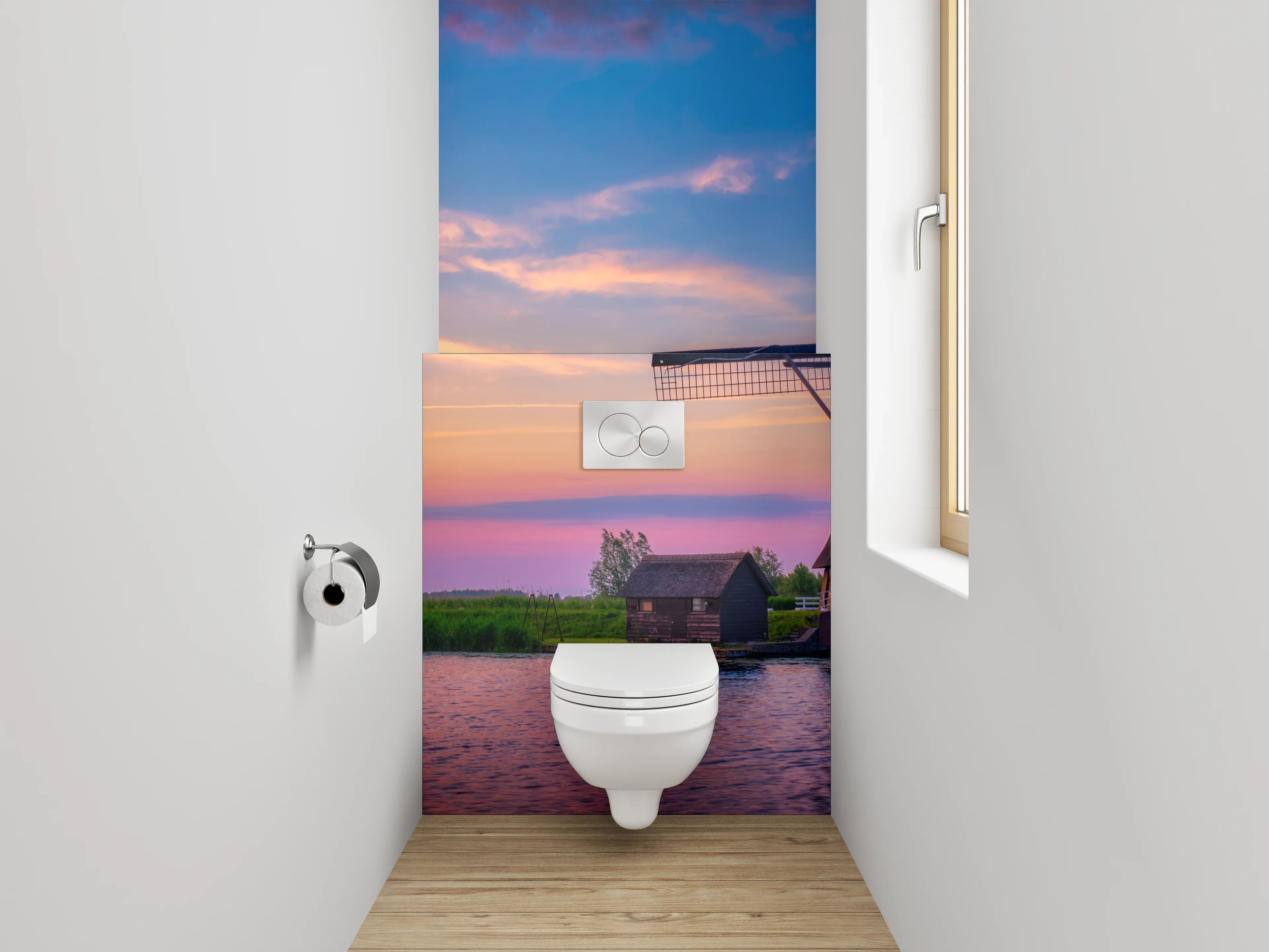 WC-Rückwand - Windmühlen im Sonnenuntergang Panorama