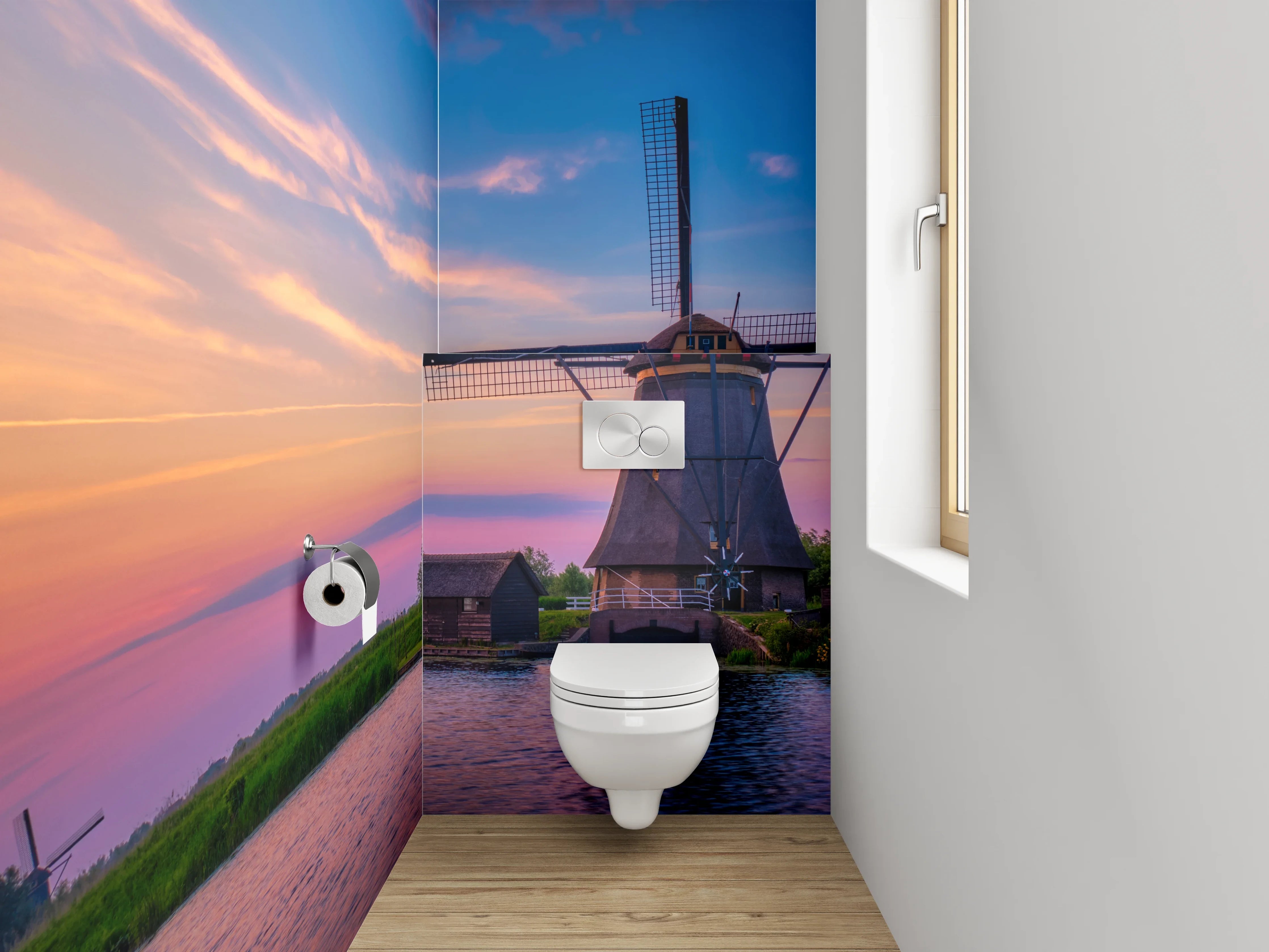 WC-Rückwand - Windmühlen im Sonnenuntergang Panorama