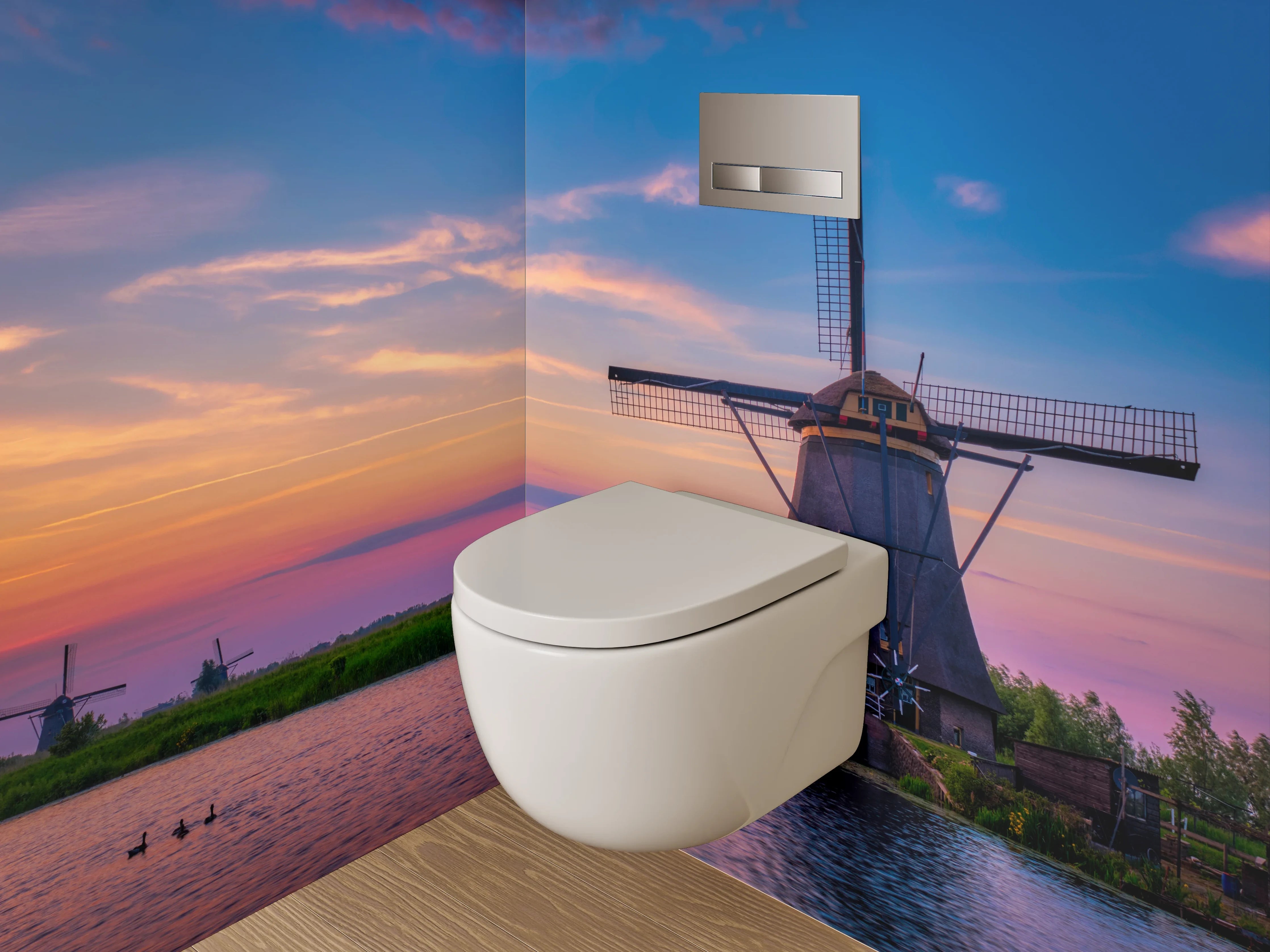 WC-Rückwand - Windmühlen im Sonnenuntergang Panorama