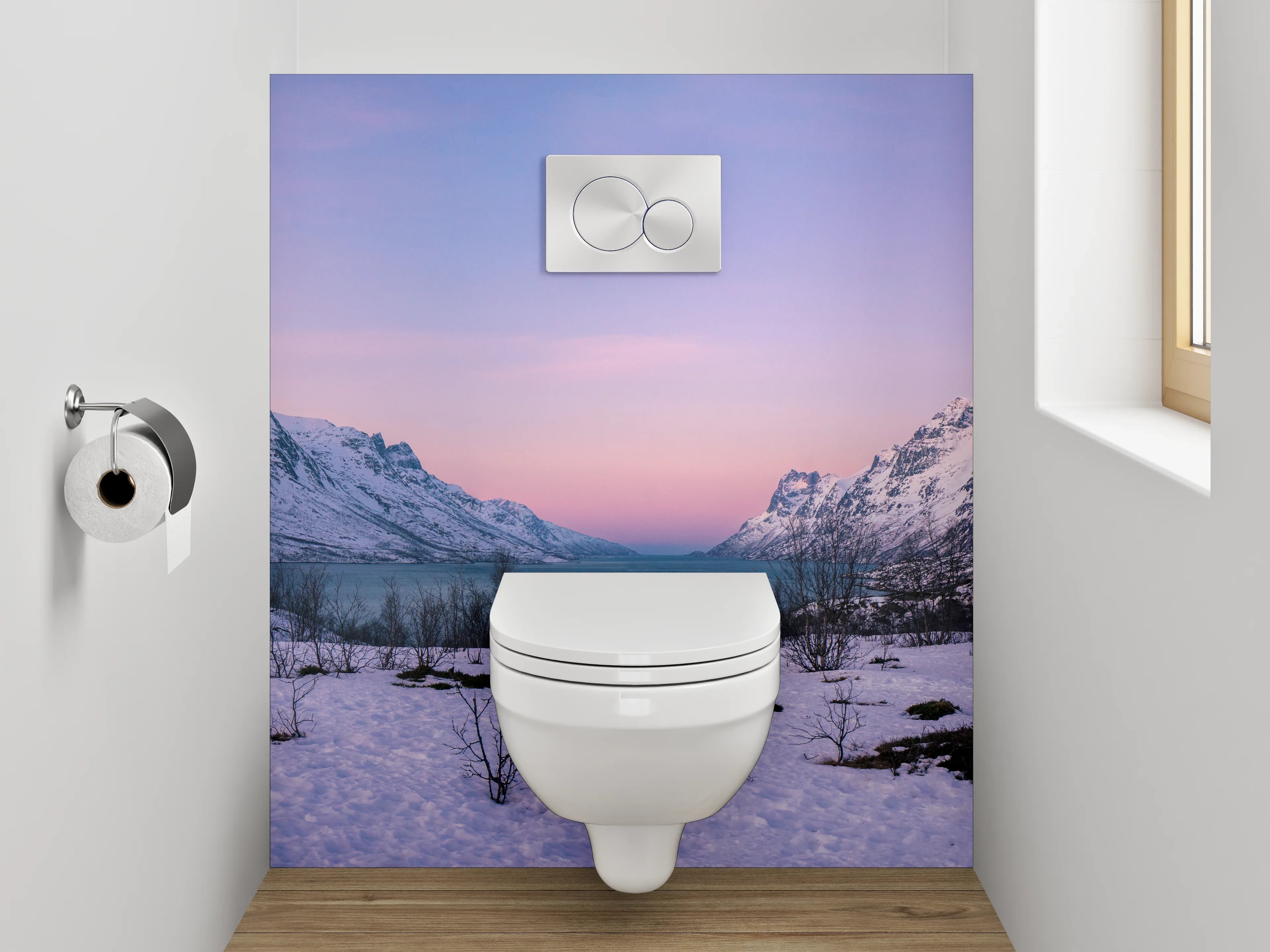 WC-Rückwand - Winterliche Berglandschaft Norwegen Panorama