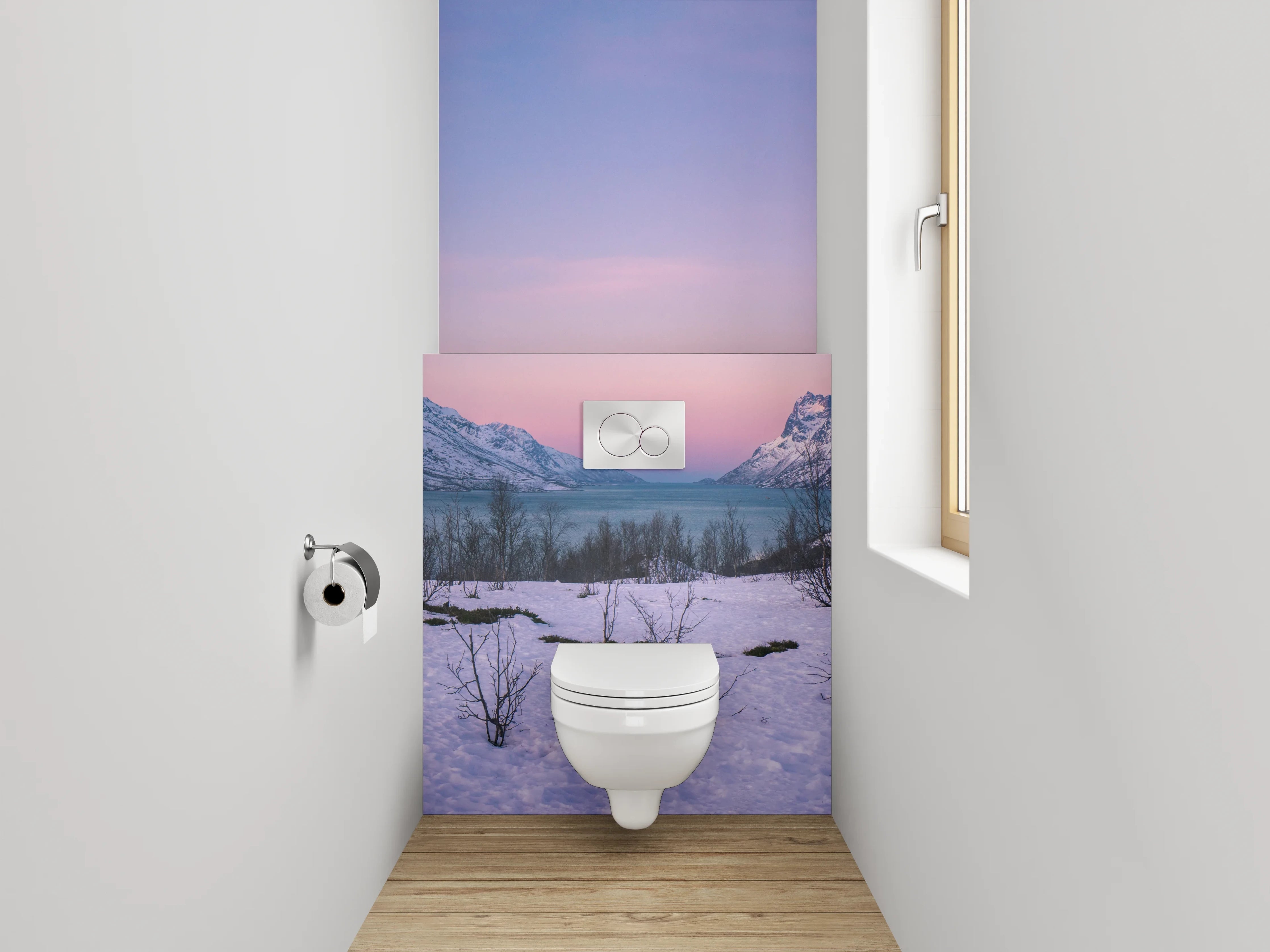 WC-Rückwand - Winterliche Berglandschaft Norwegen Panorama