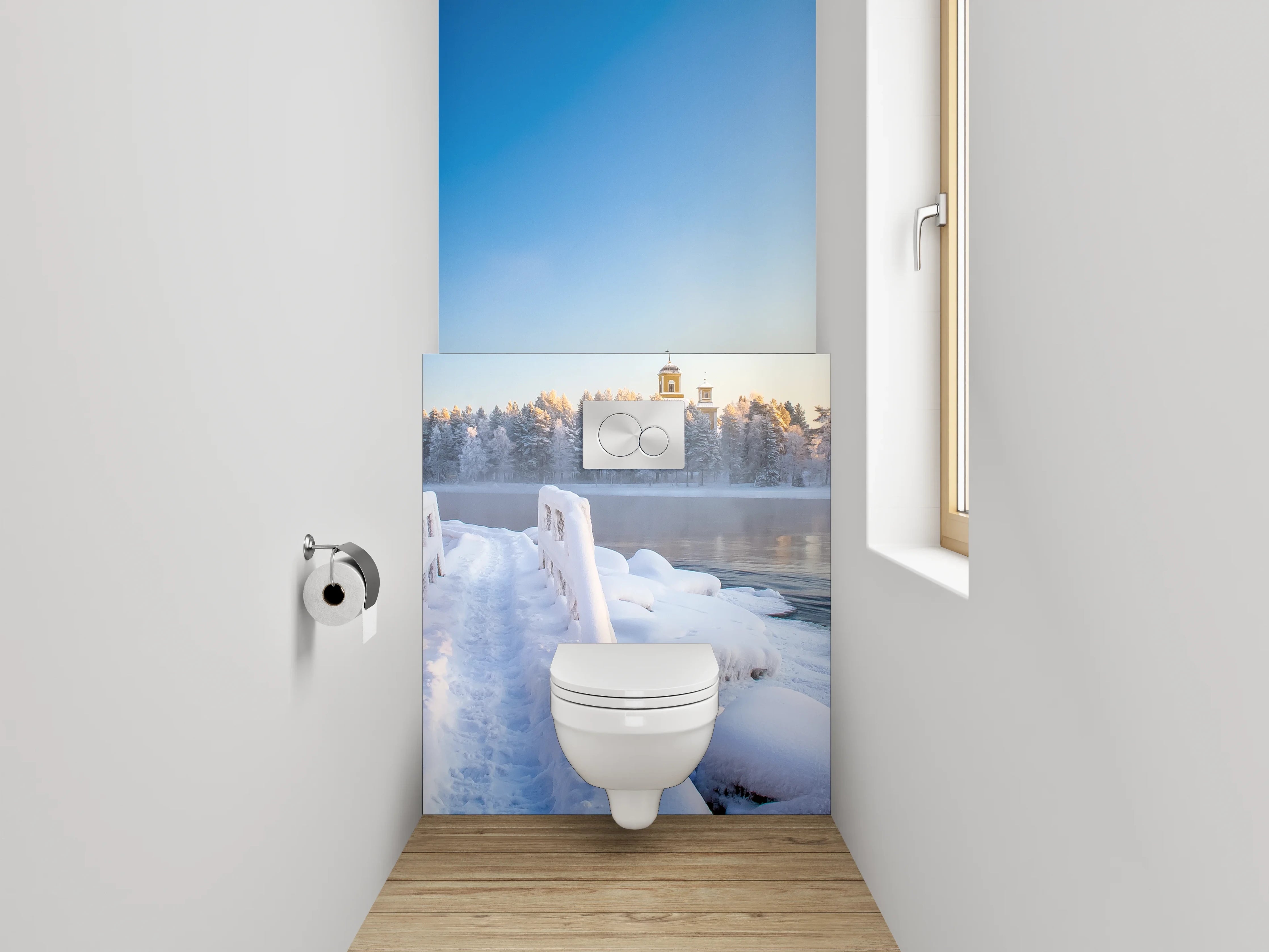 WC-Rückwand - Winterliche Flusslandschaft mit Holzbrücke