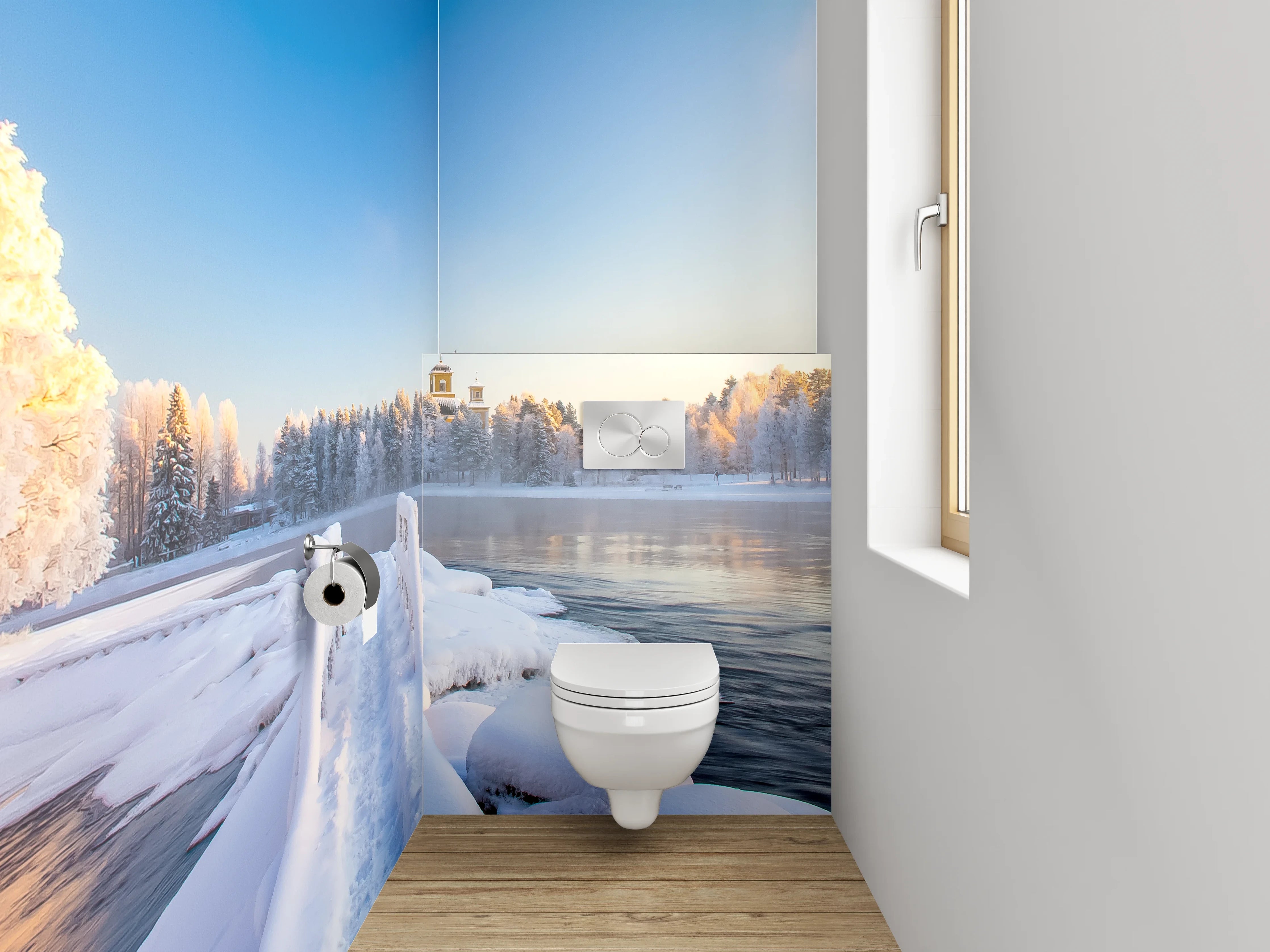 WC-Rückwand - Winterliche Flusslandschaft mit Holzbrücke