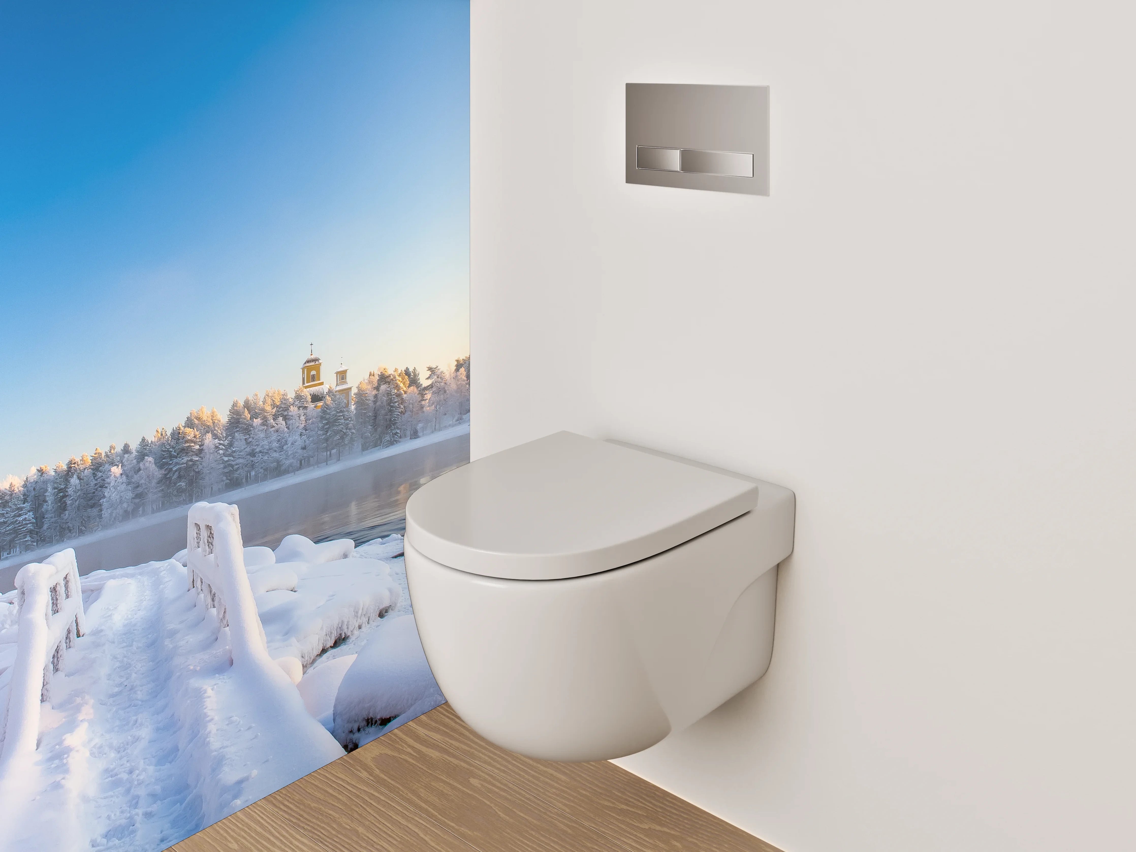 WC-Rückwand - Winterliche Flusslandschaft mit Holzbrücke