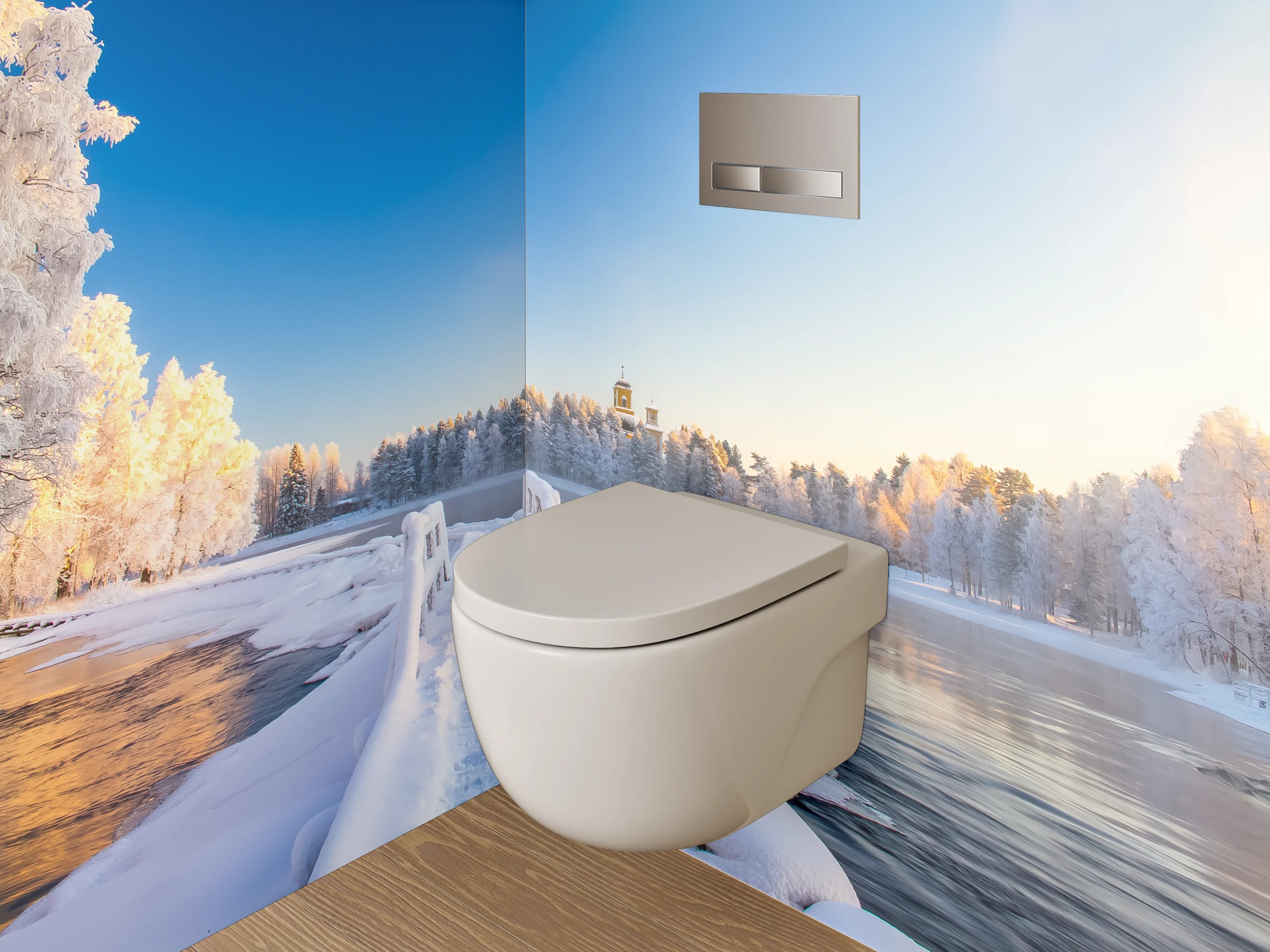 WC-Rückwand - Winterliche Flusslandschaft mit Holzbrücke