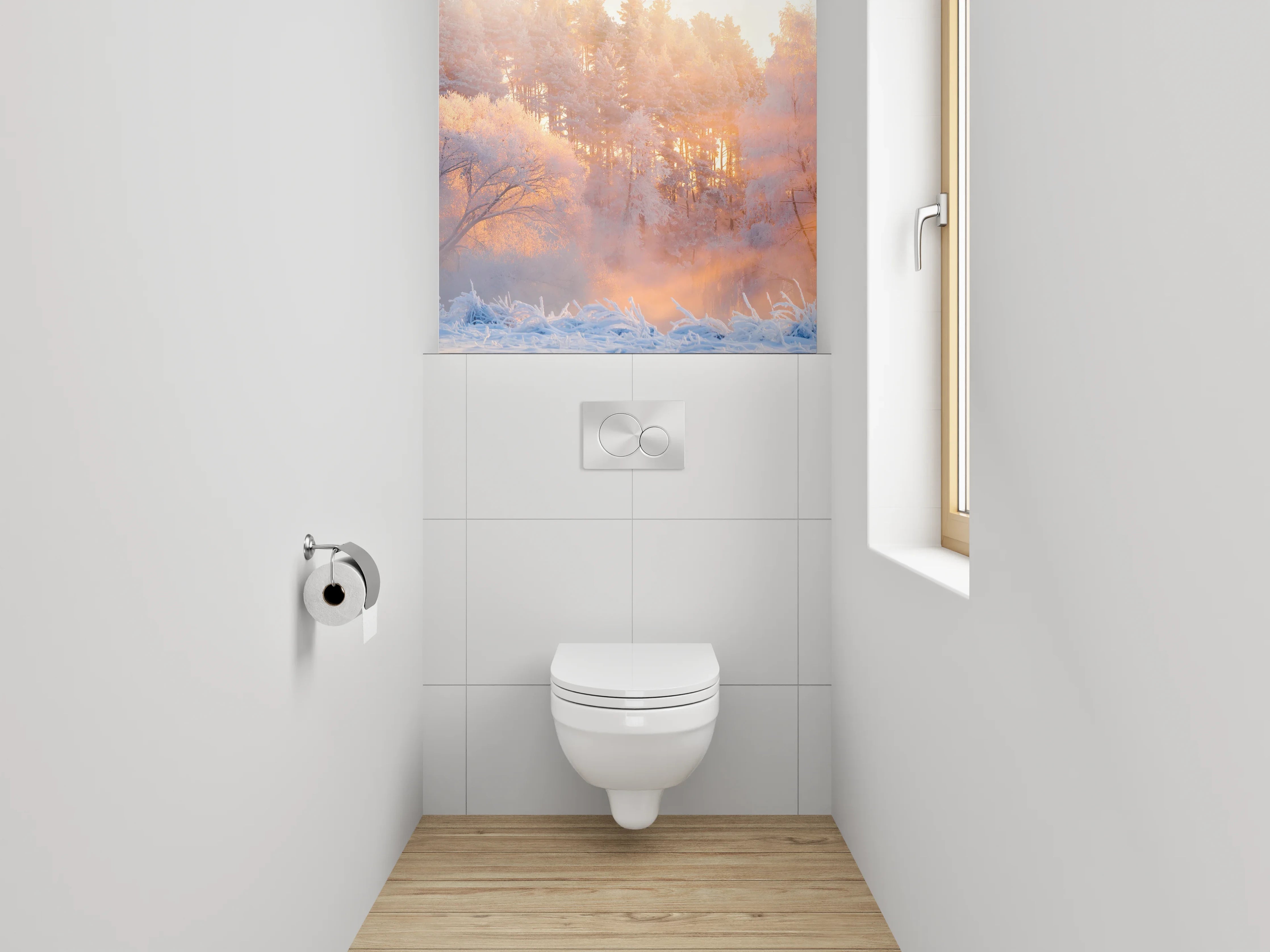 WC-Rückwand - Winterliche Sonnenstrahlen im verschneiten Wald