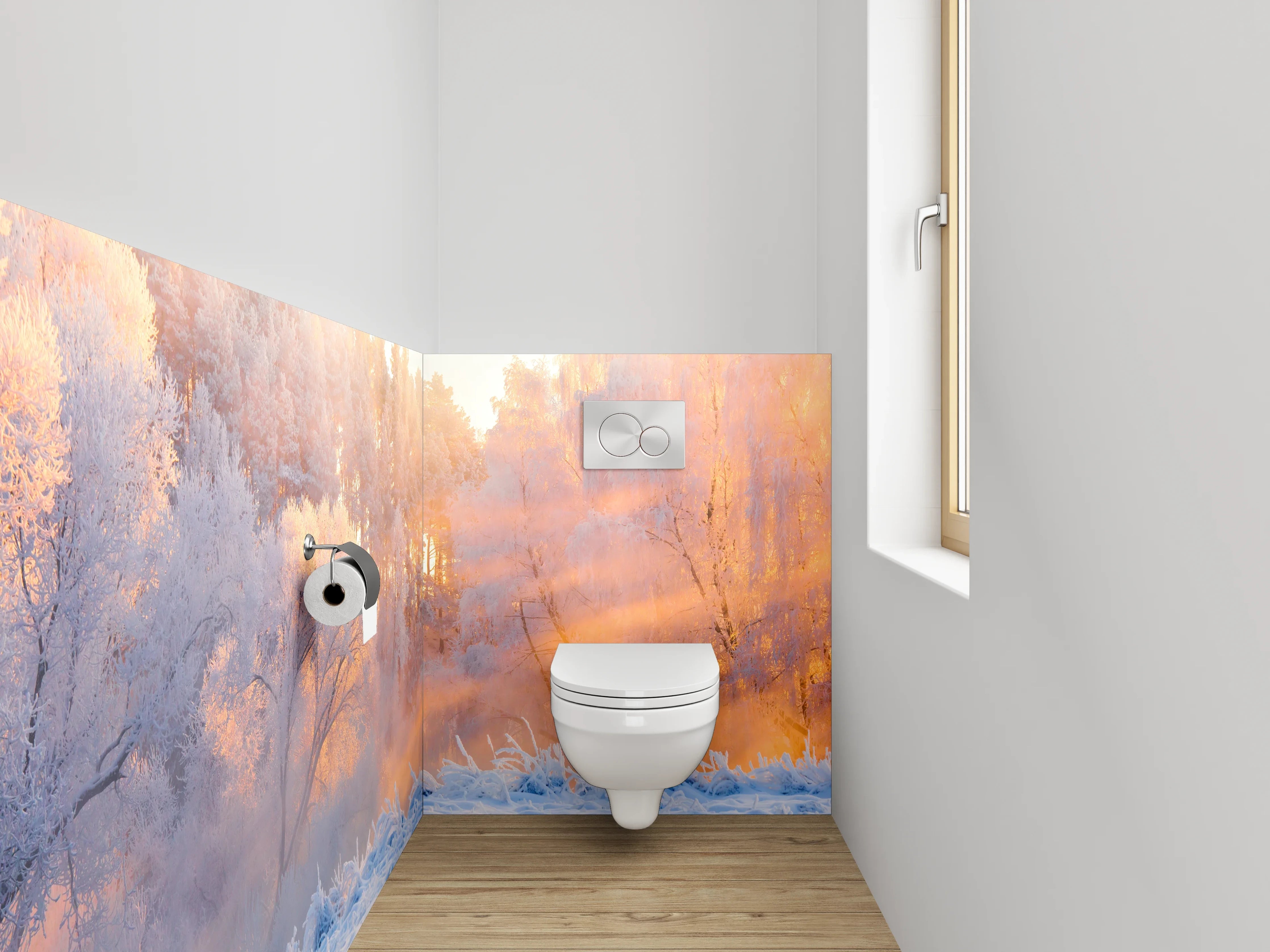 WC-Rückwand - Winterliche Sonnenstrahlen im verschneiten Wald