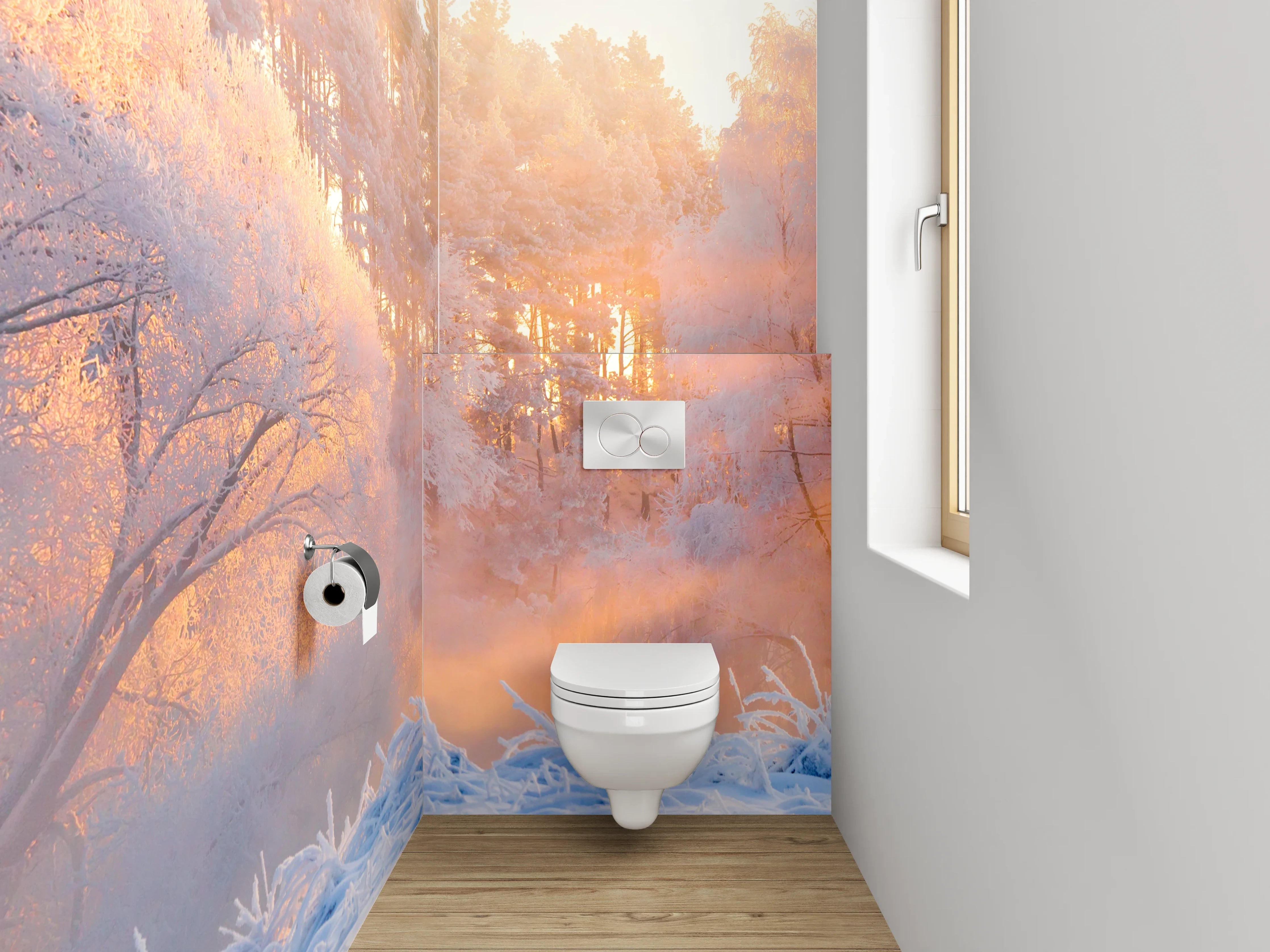 WC-Rückwand - Winterliche Sonnenstrahlen im verschneiten Wald