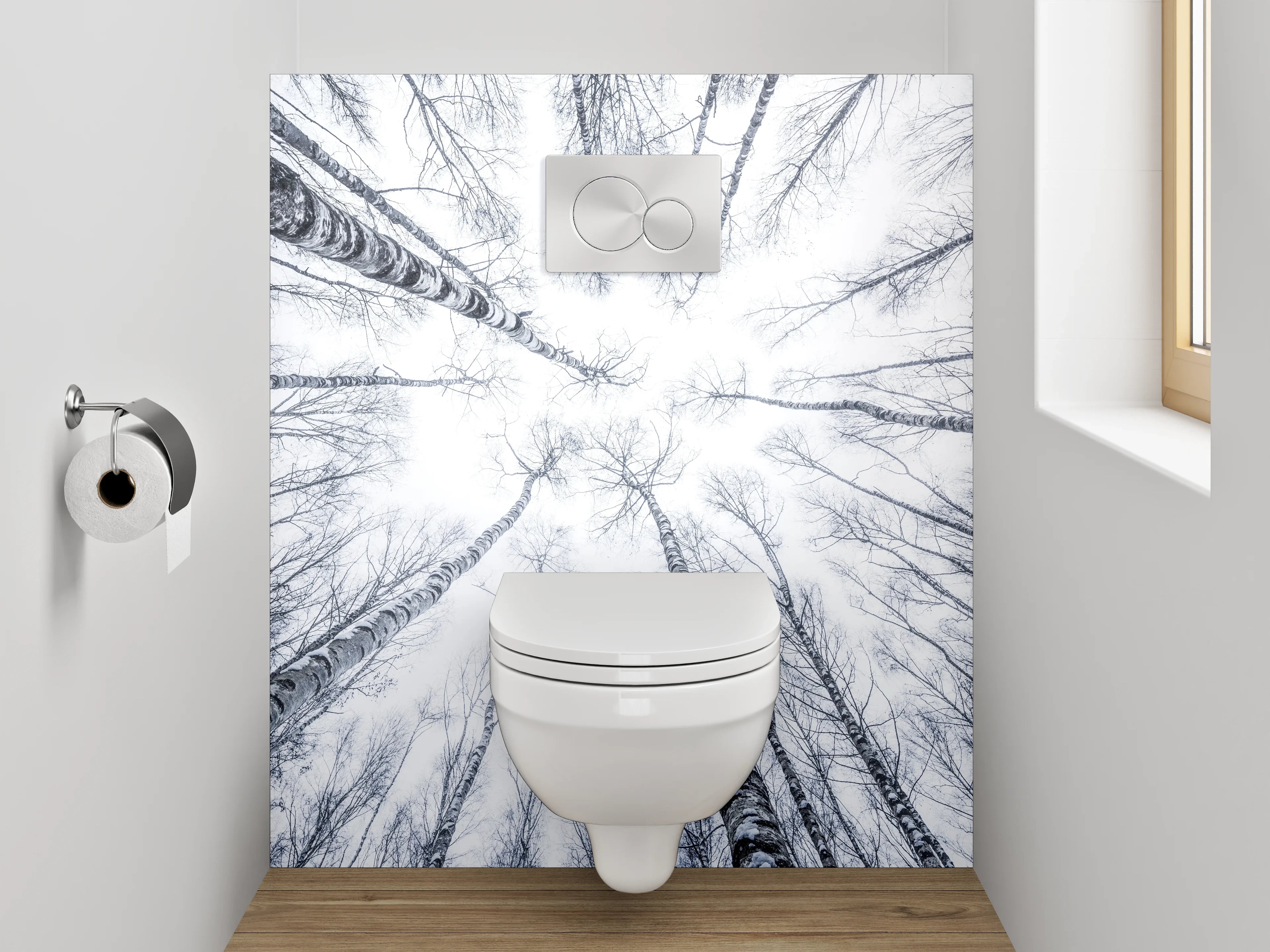 WC-Rückwand - Winterlicher Birkenwald in Schwarz-Weiß
