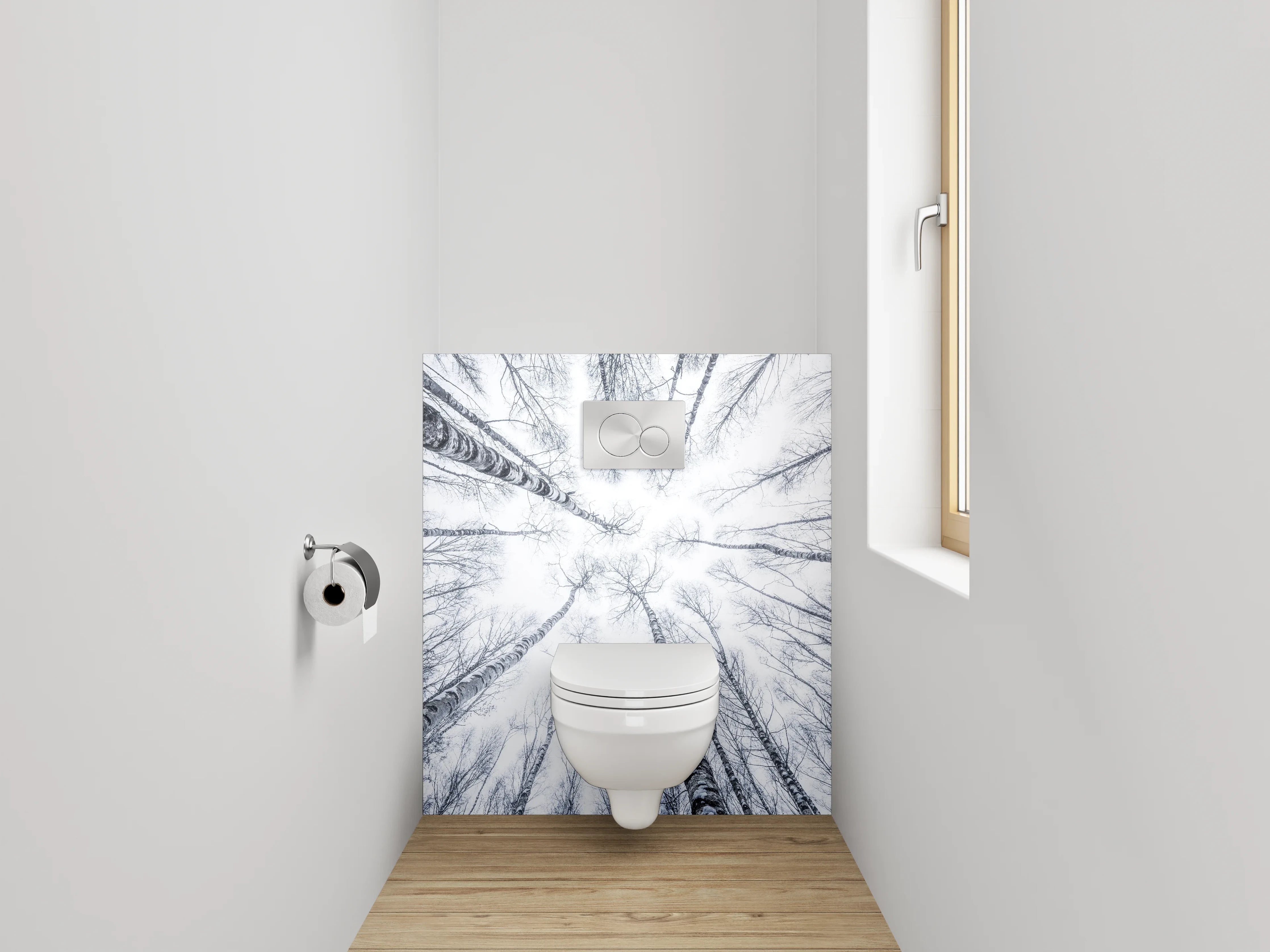 WC-Rückwand - Winterlicher Birkenwald in Schwarz-Weiß