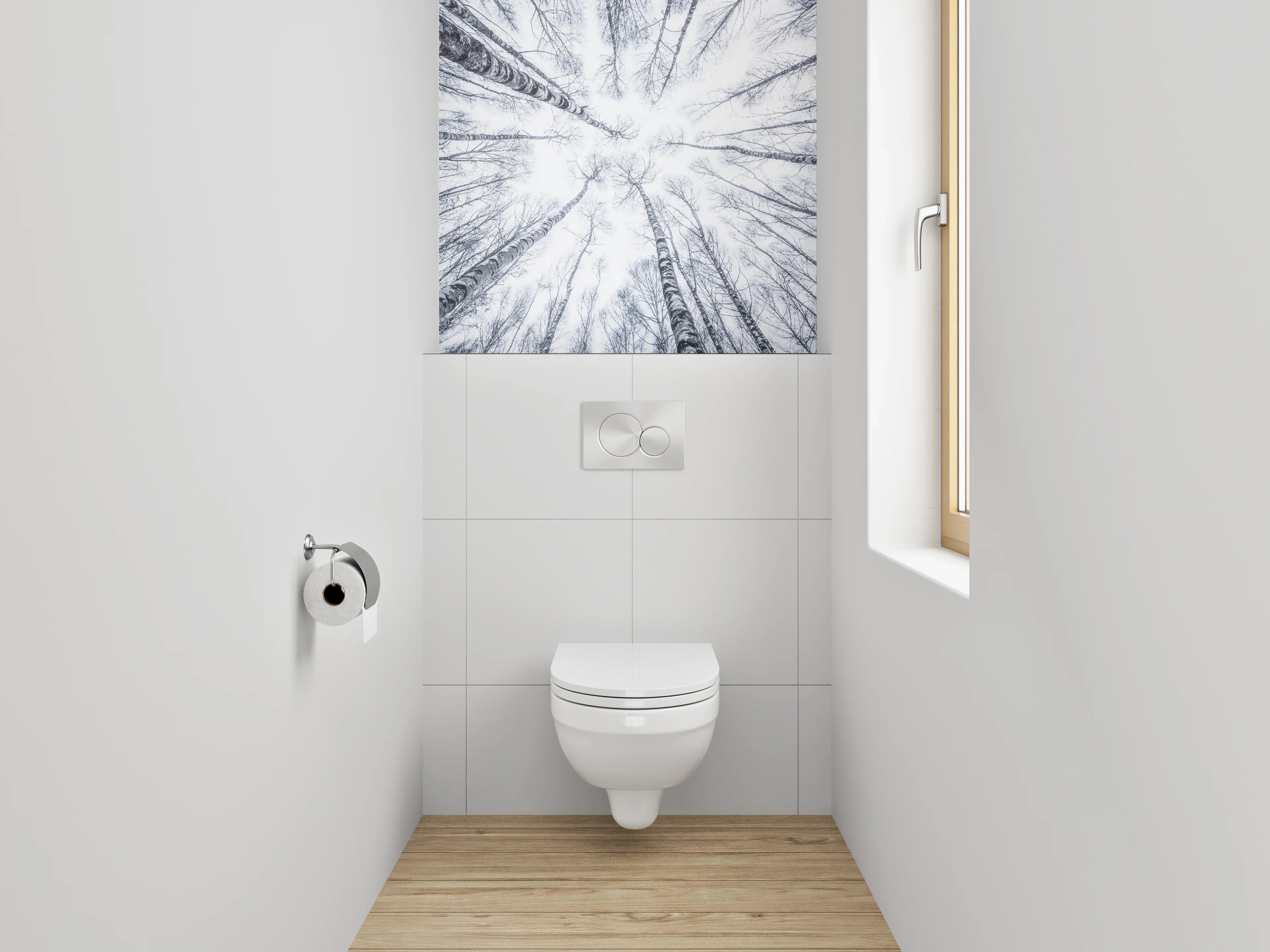 WC-Rückwand - Winterlicher Birkenwald in Schwarz-Weiß