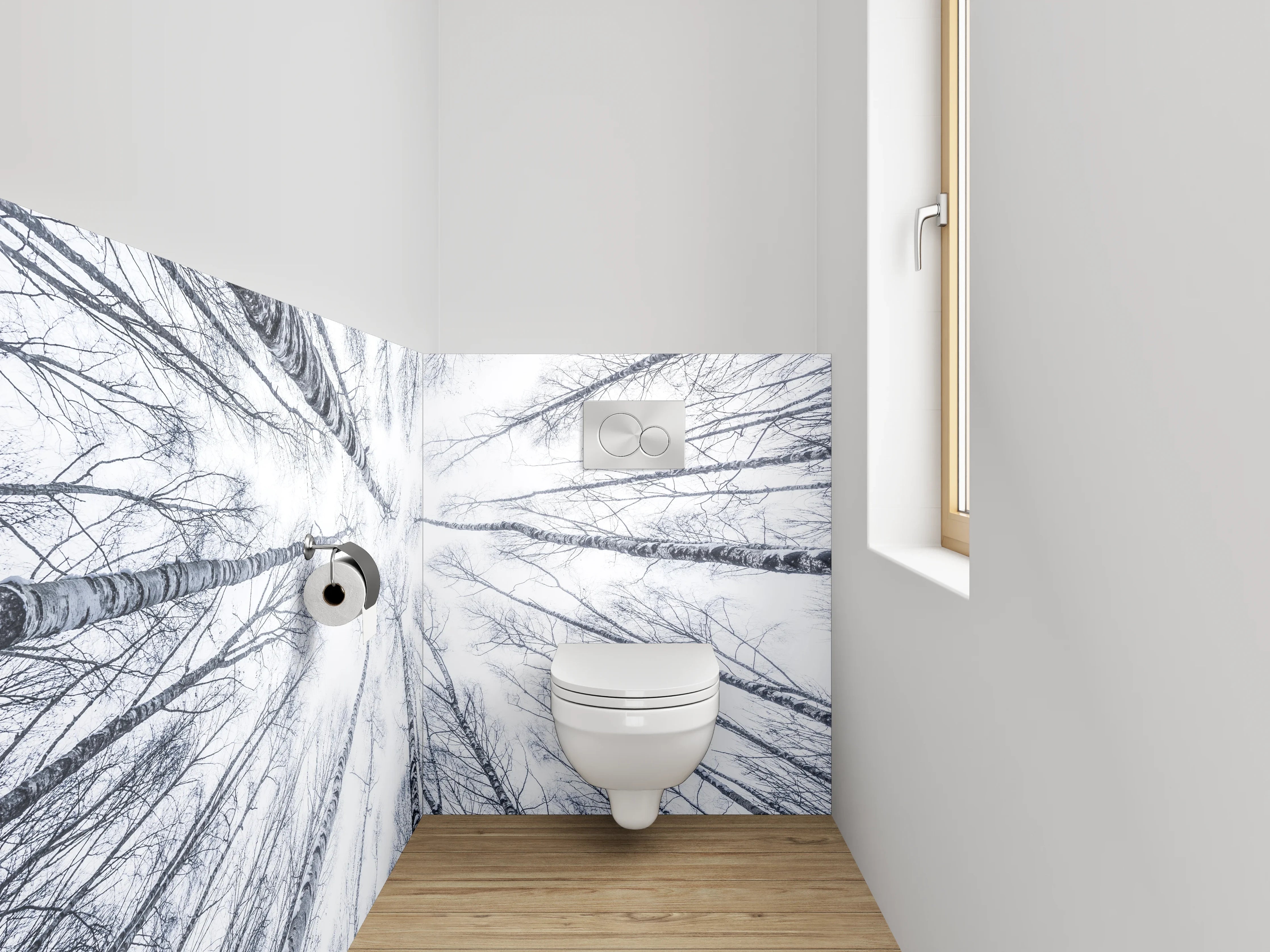 WC-Rückwand - Winterlicher Birkenwald in Schwarz-Weiß