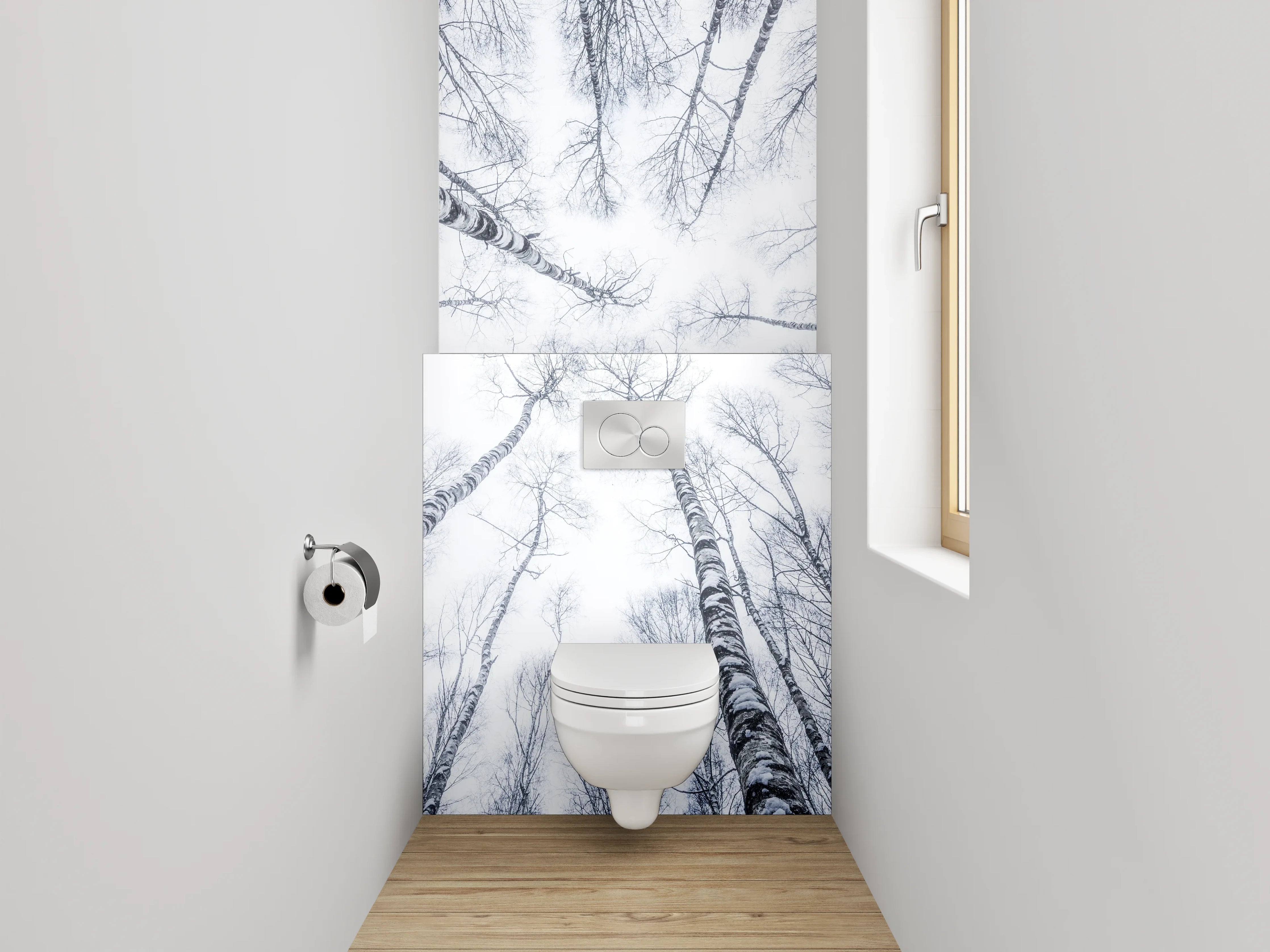 WC-Rückwand - Winterlicher Birkenwald in Schwarz-Weiß