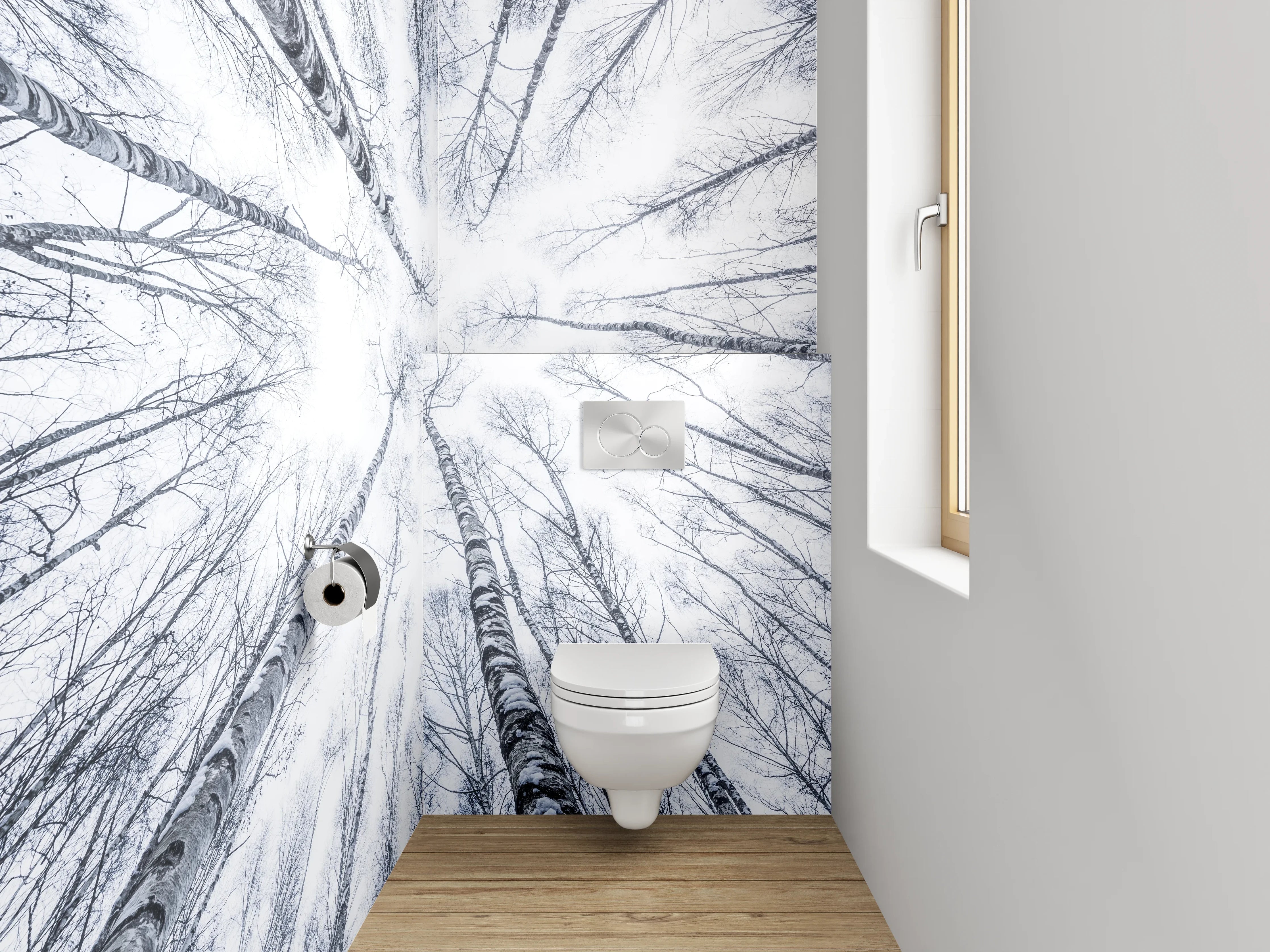 WC-Rückwand - Winterlicher Birkenwald in Schwarz-Weiß