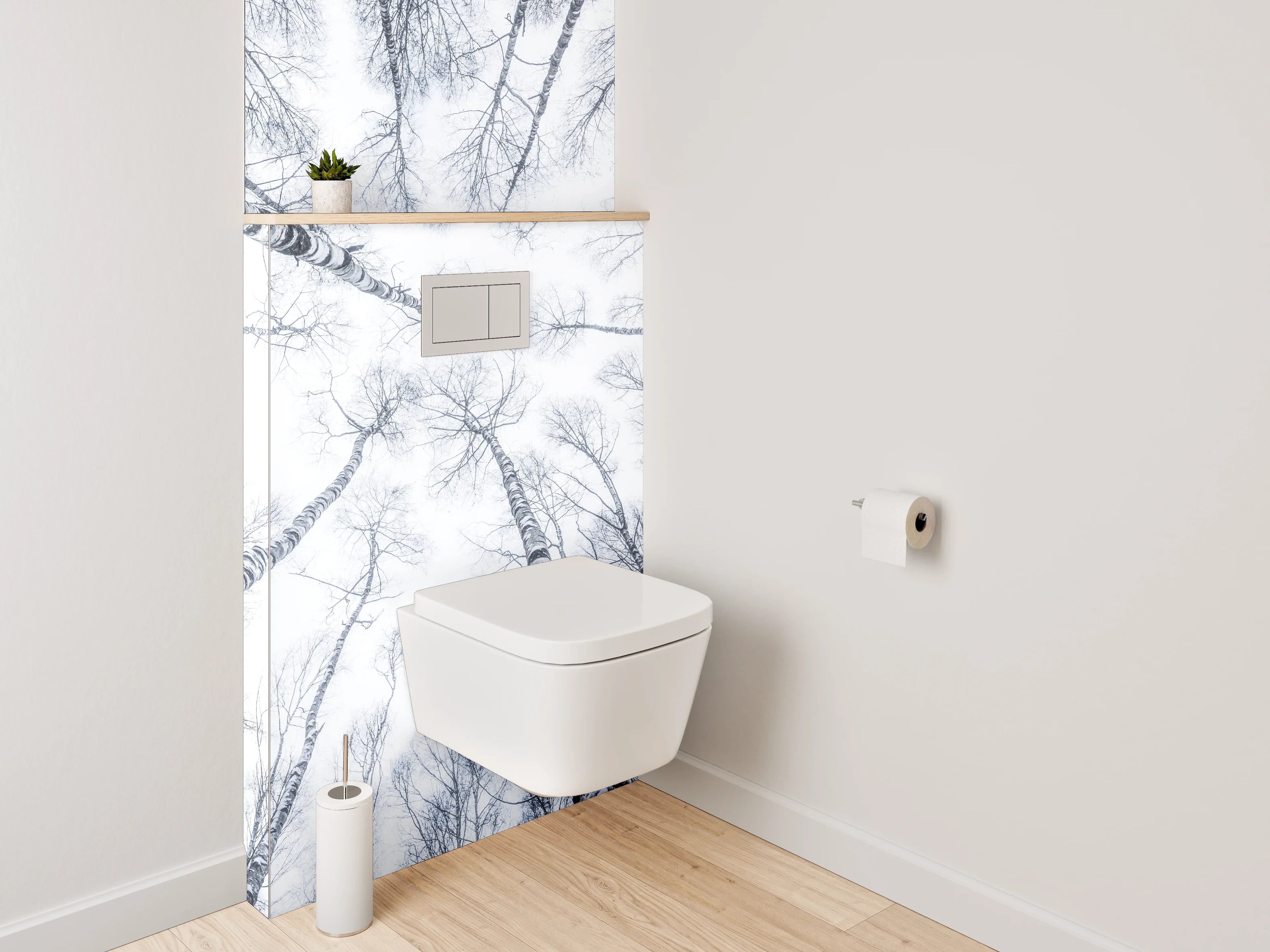 WC-Rückwand - Winterlicher Birkenwald in Schwarz-Weiß