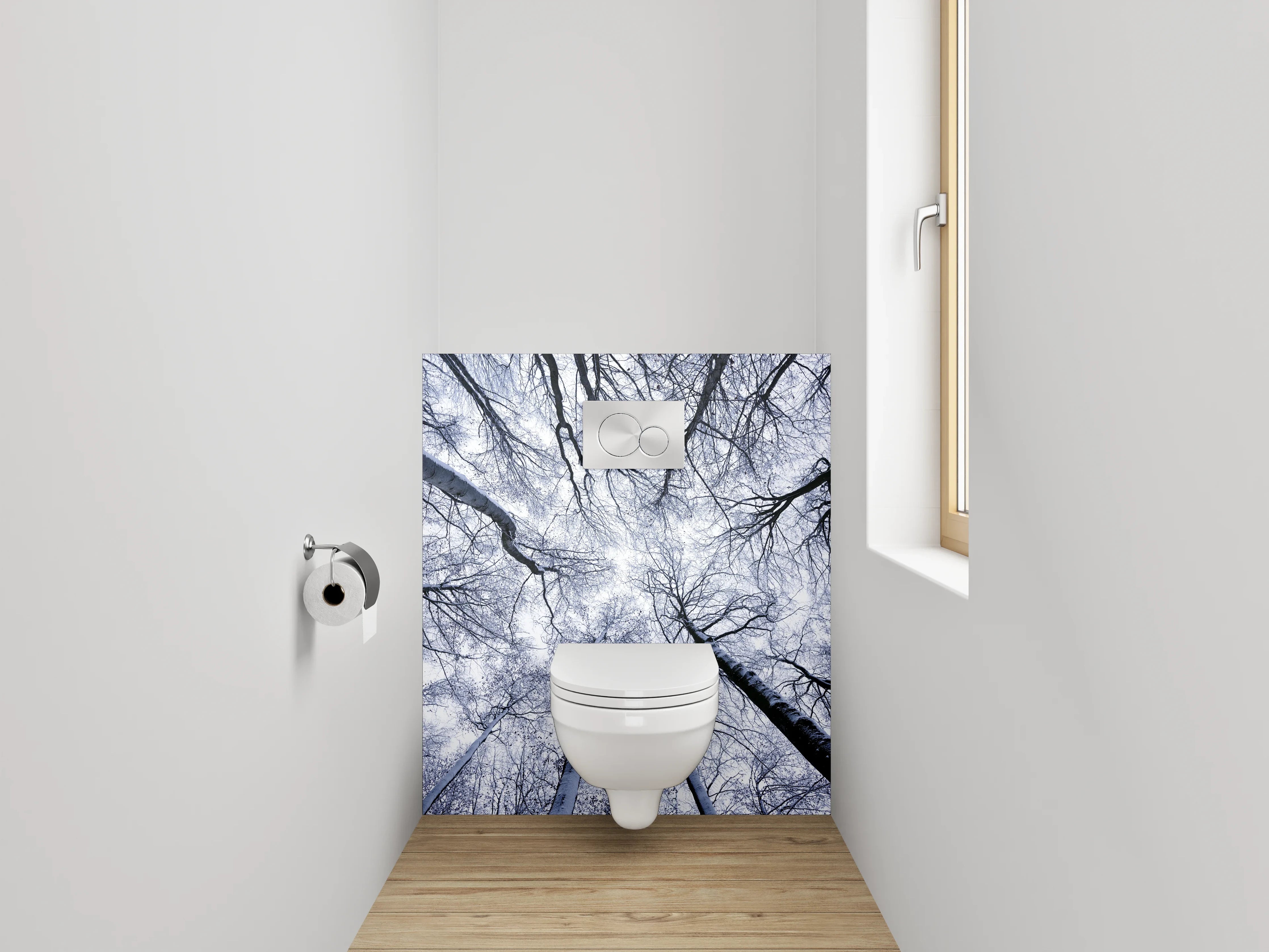 WC-Rückwand - Winterlicher Birkenwald von unten