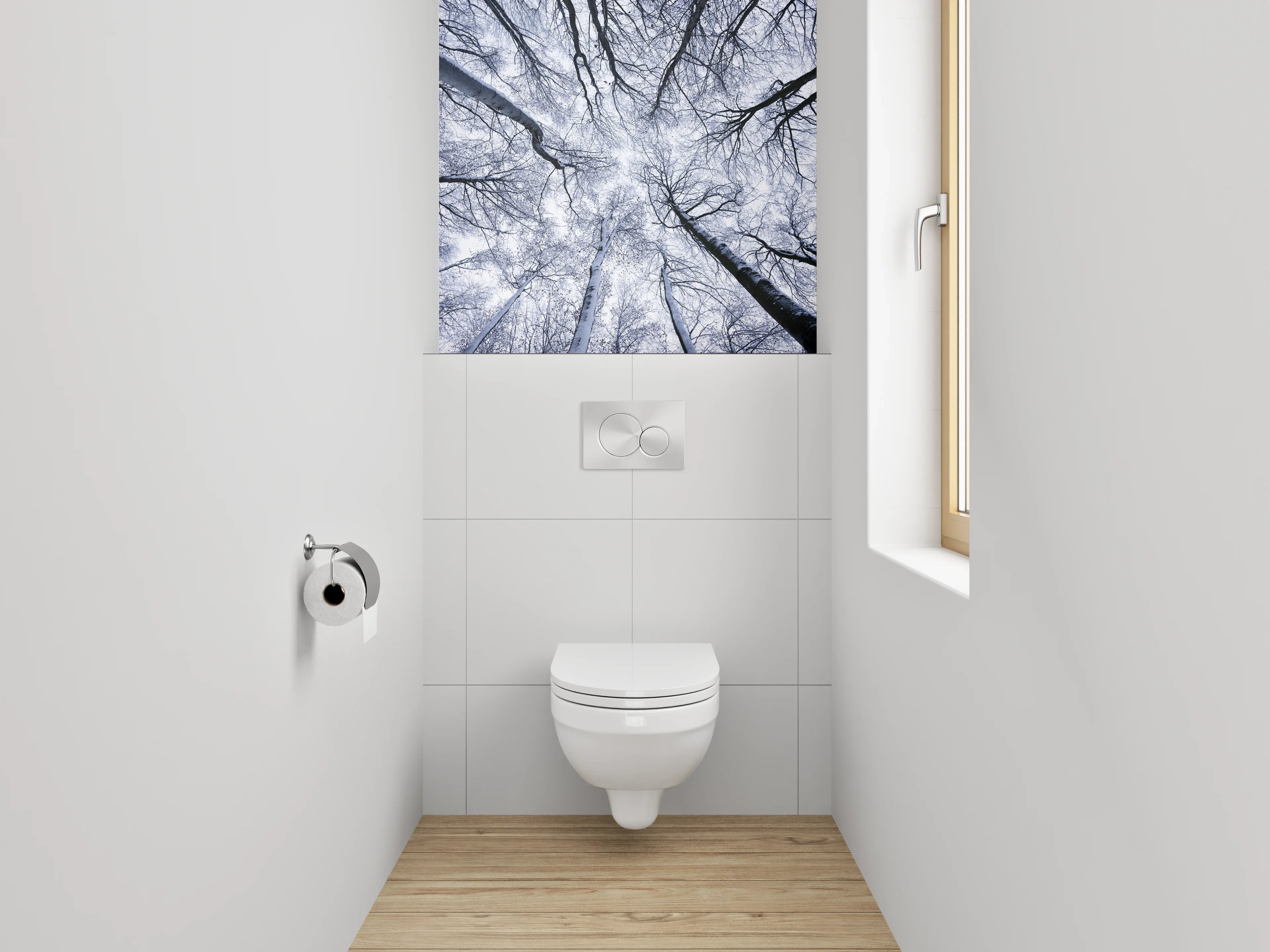 WC-Rückwand - Winterlicher Birkenwald von unten