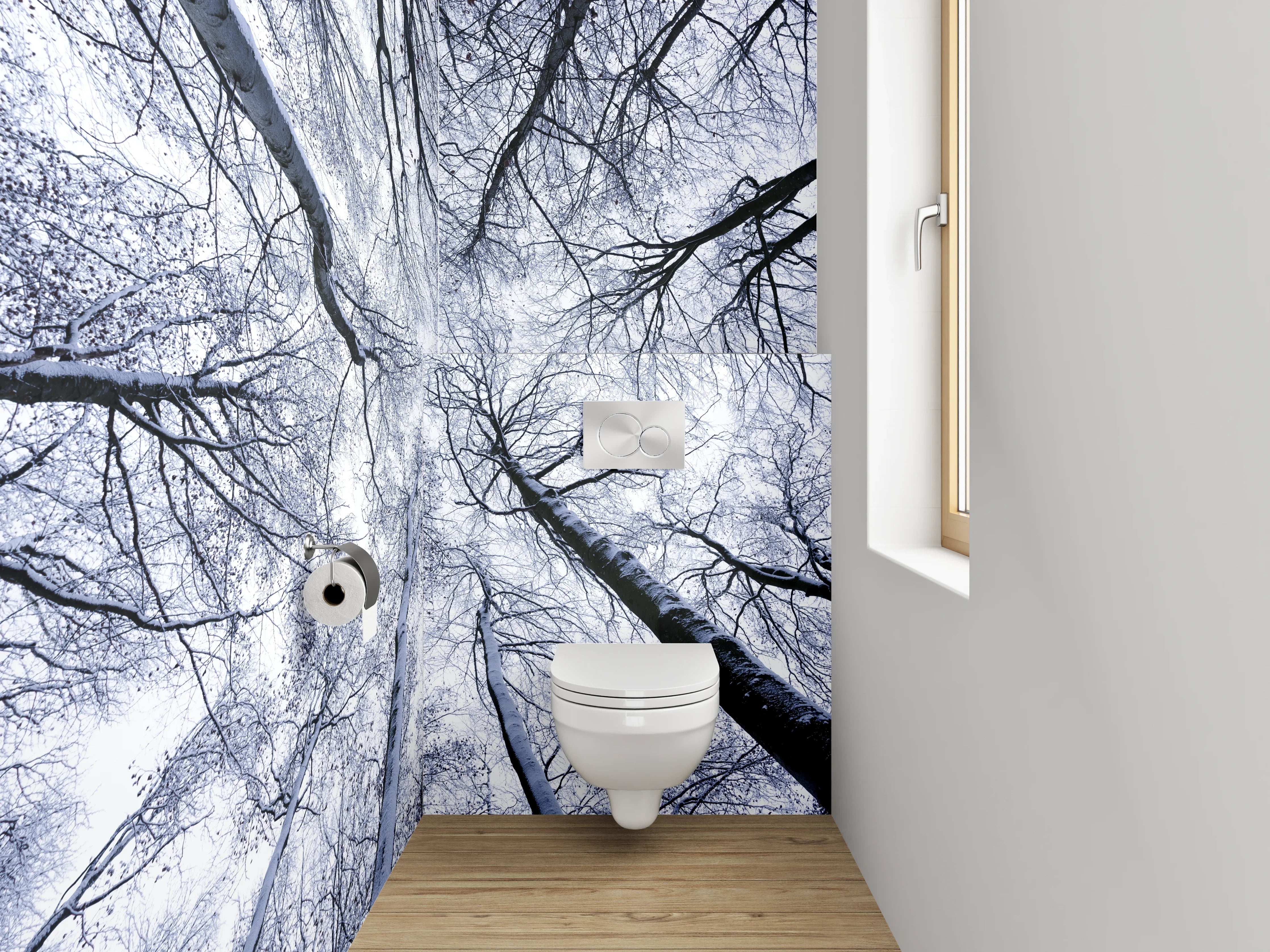 WC-Rückwand - Winterlicher Birkenwald von unten