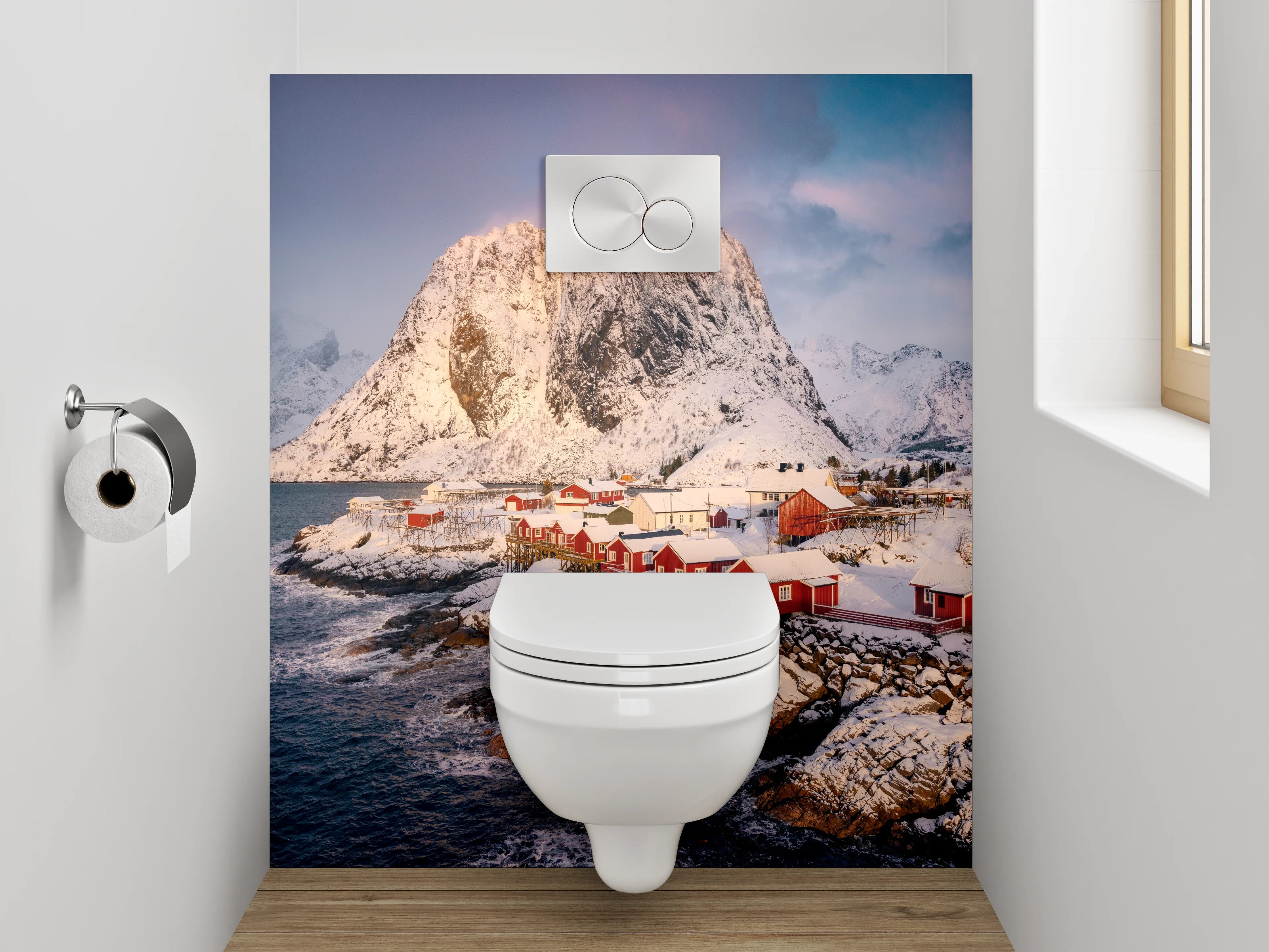 WC-Rückwand - Winterliches Fischerdorf mit Bergen
