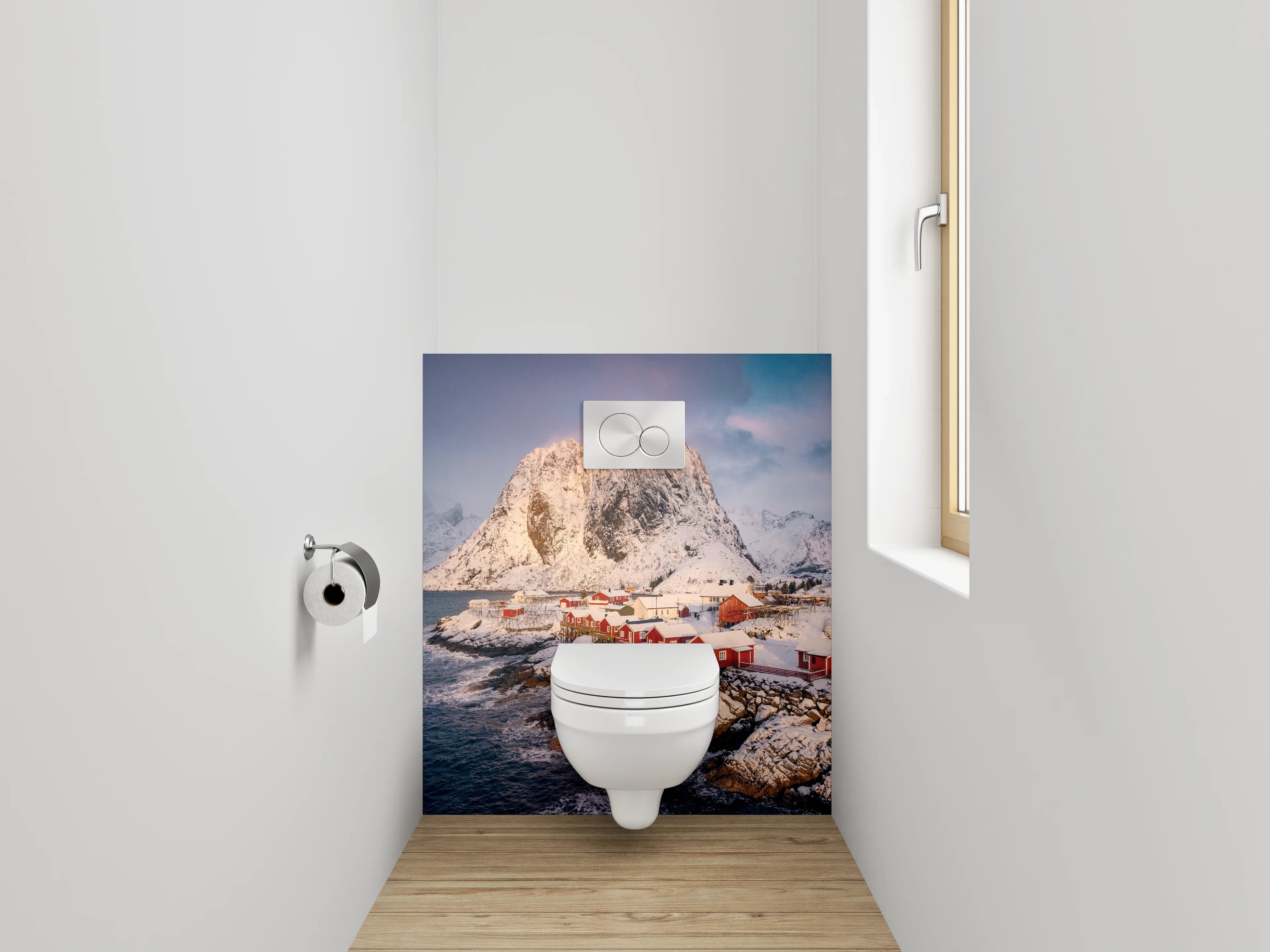 WC-Rückwand - Winterliches Fischerdorf mit Bergen