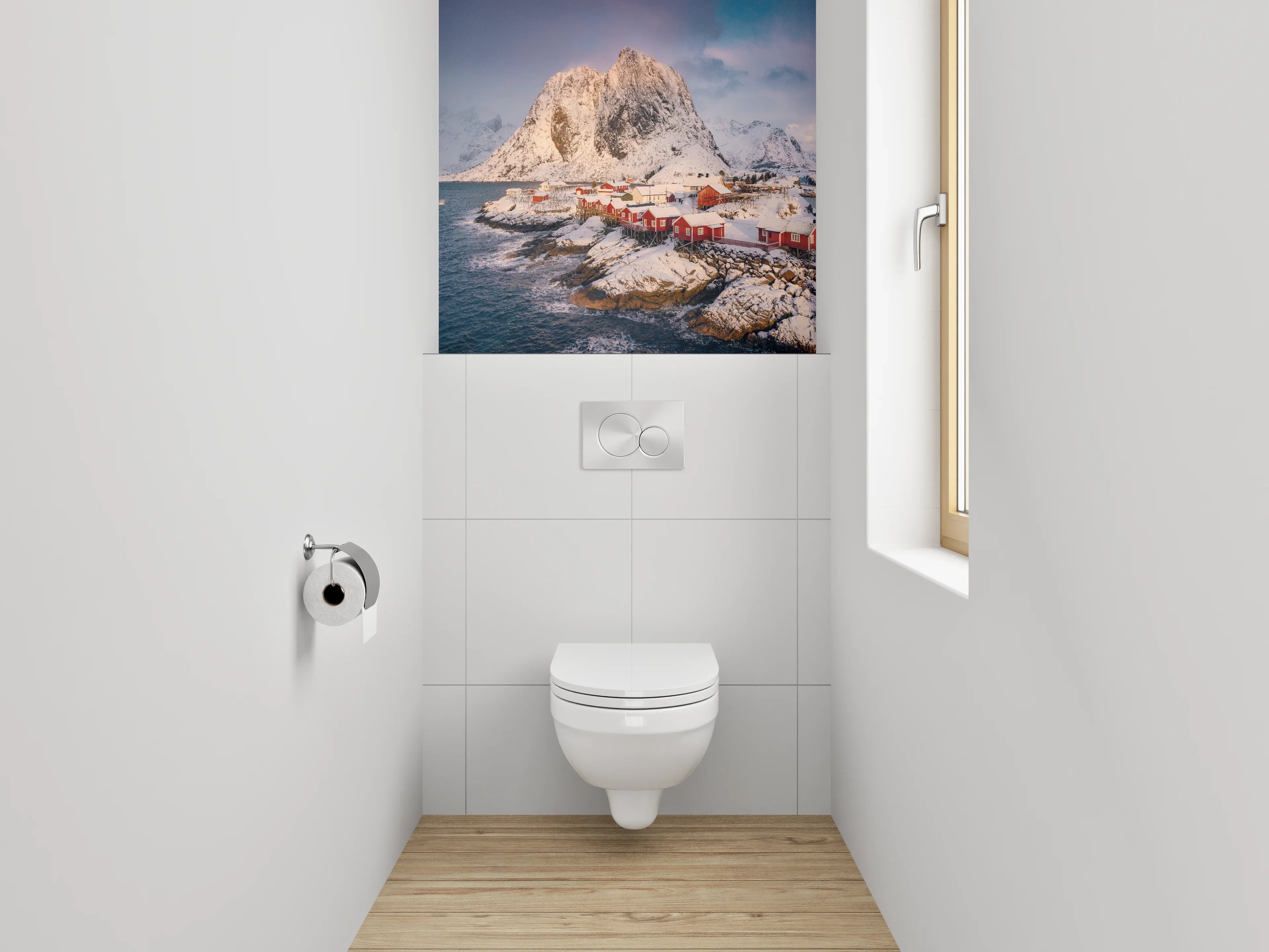 WC-Rückwand - Winterliches Fischerdorf mit Bergen