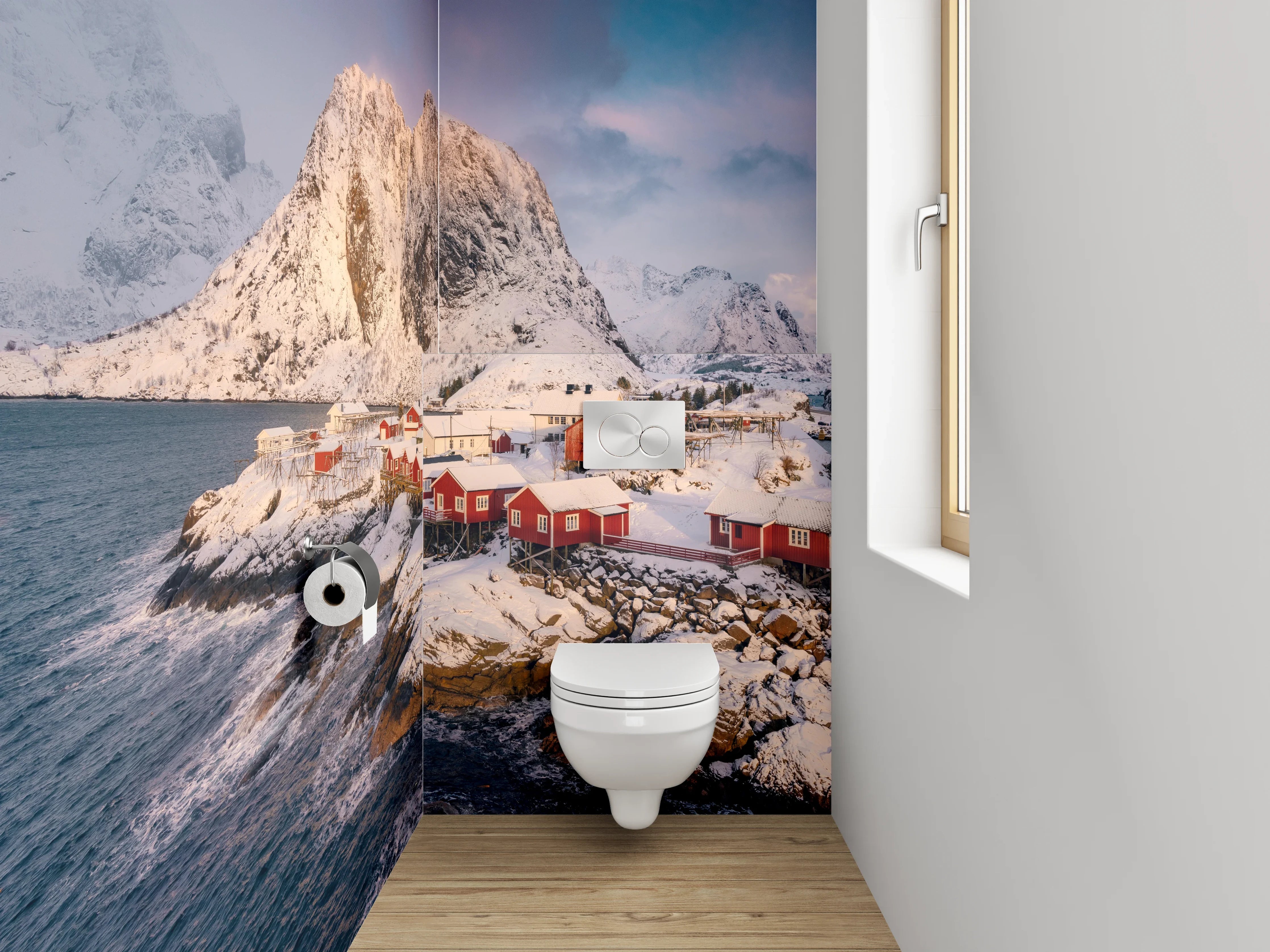 WC-Rückwand - Winterliches Fischerdorf mit Bergen