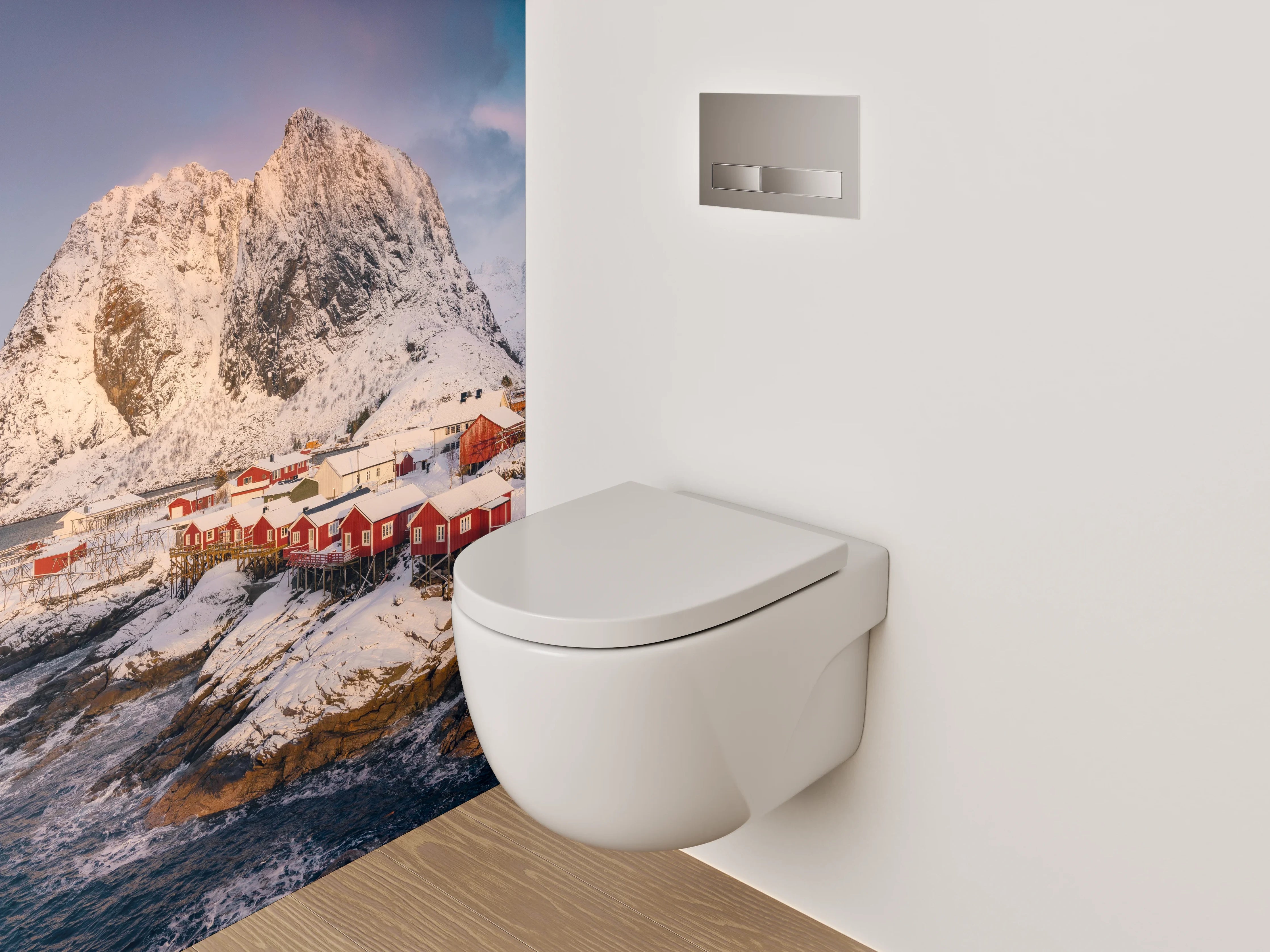 WC-Rückwand - Winterliches Fischerdorf mit Bergen