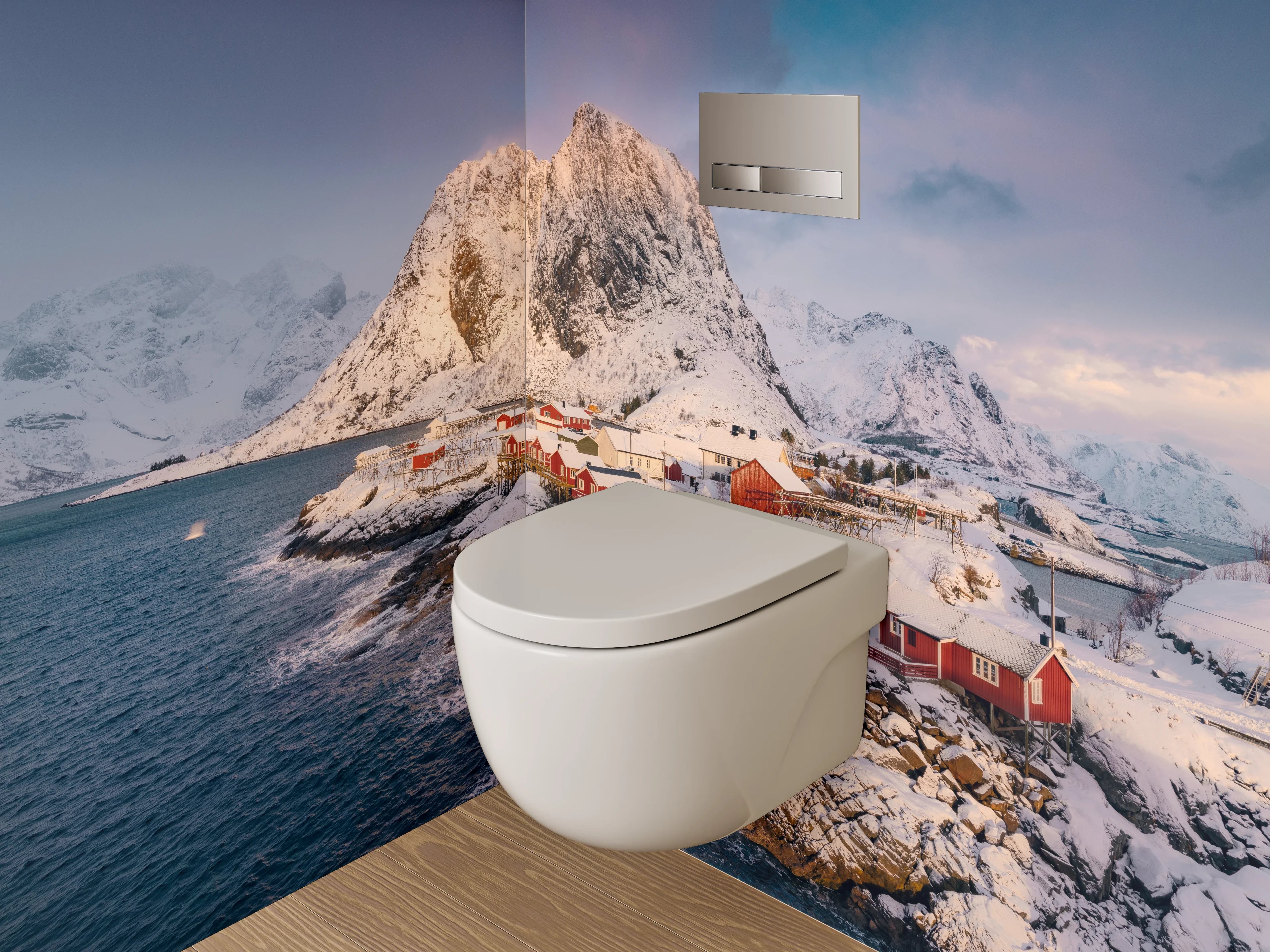 WC-Rückwand - Winterliches Fischerdorf mit Bergen