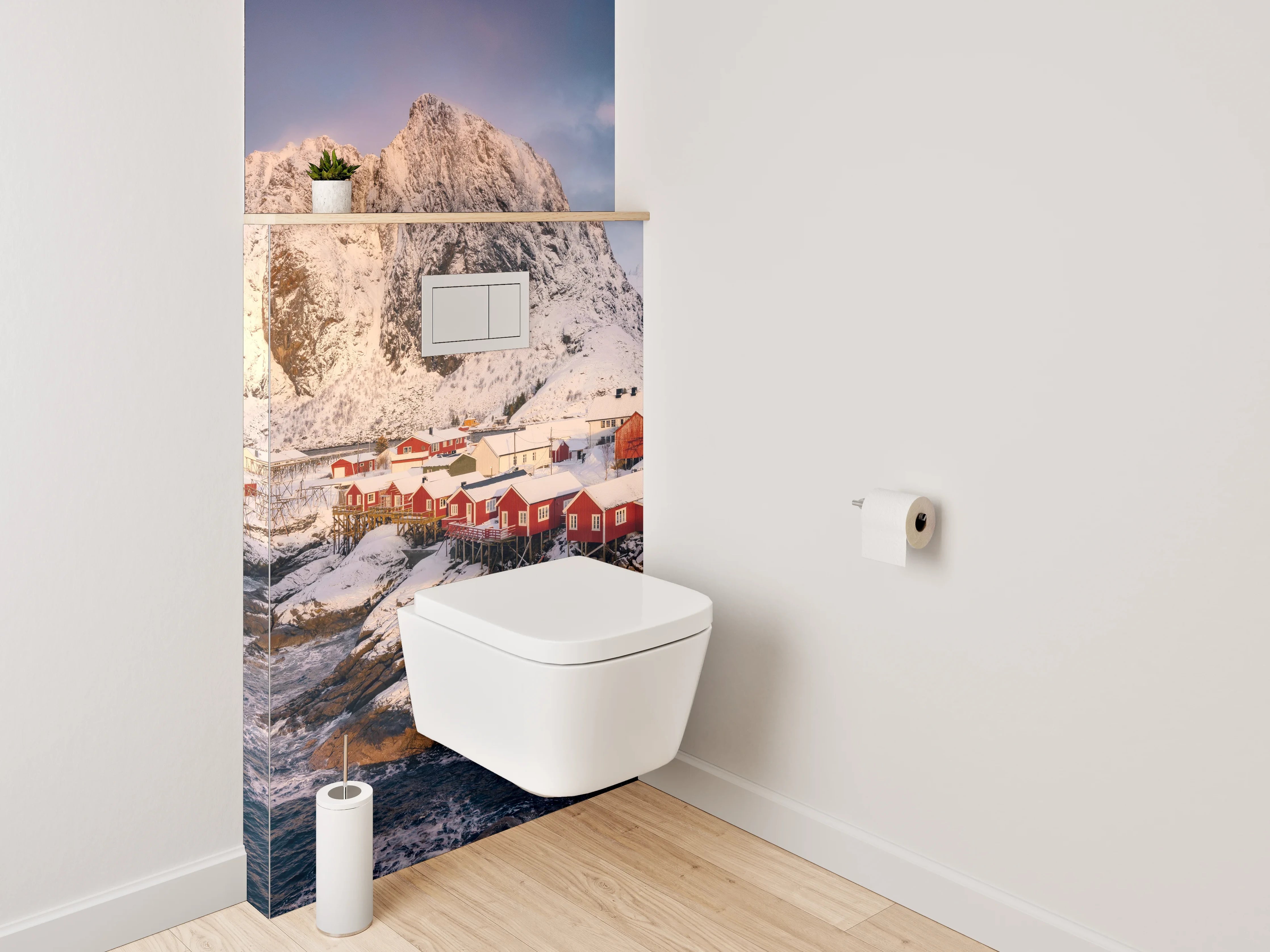 WC-Rückwand - Winterliches Fischerdorf mit Bergen