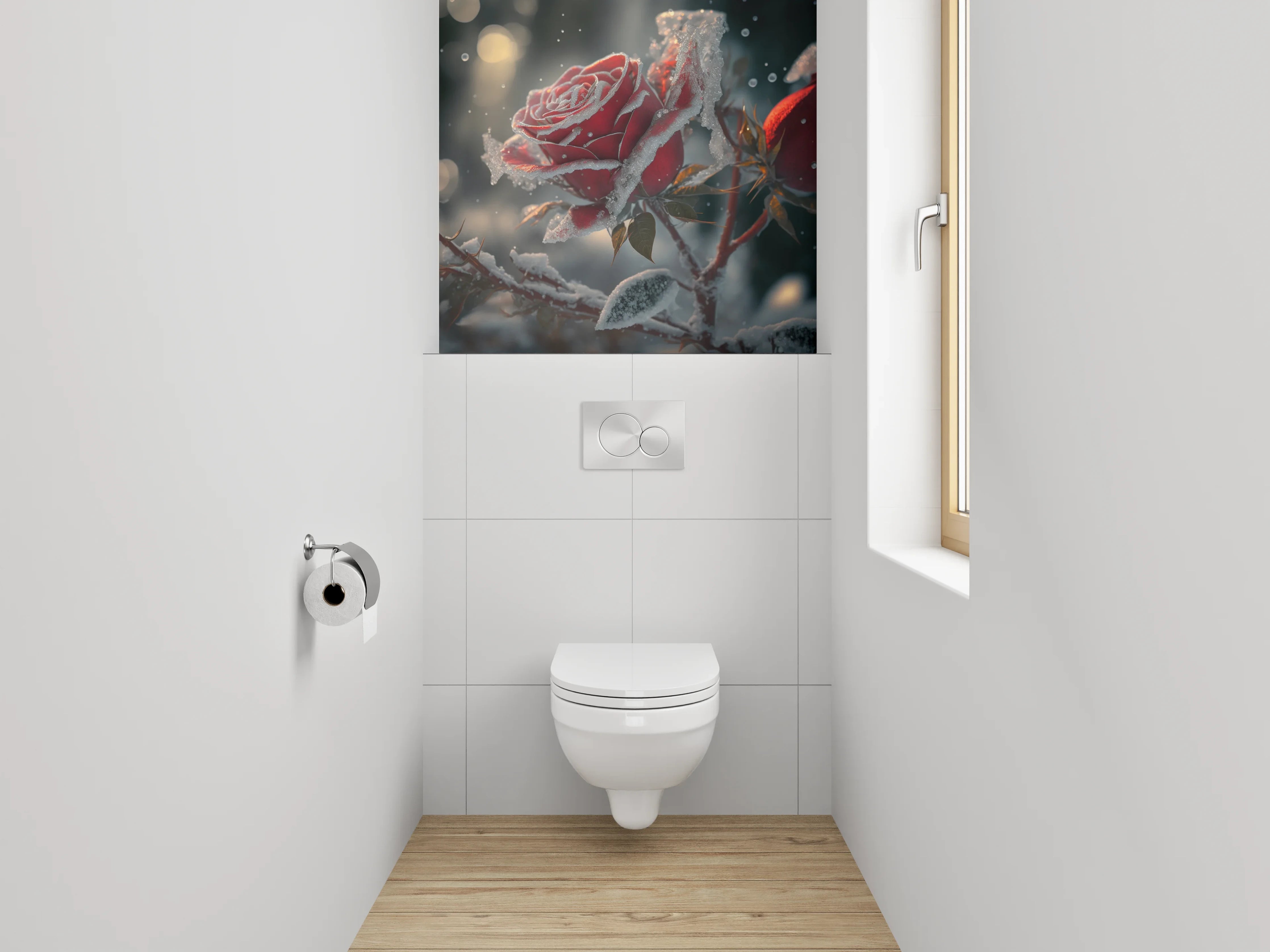 WC-Rückwand - Winterrose mit Raureif-Magie