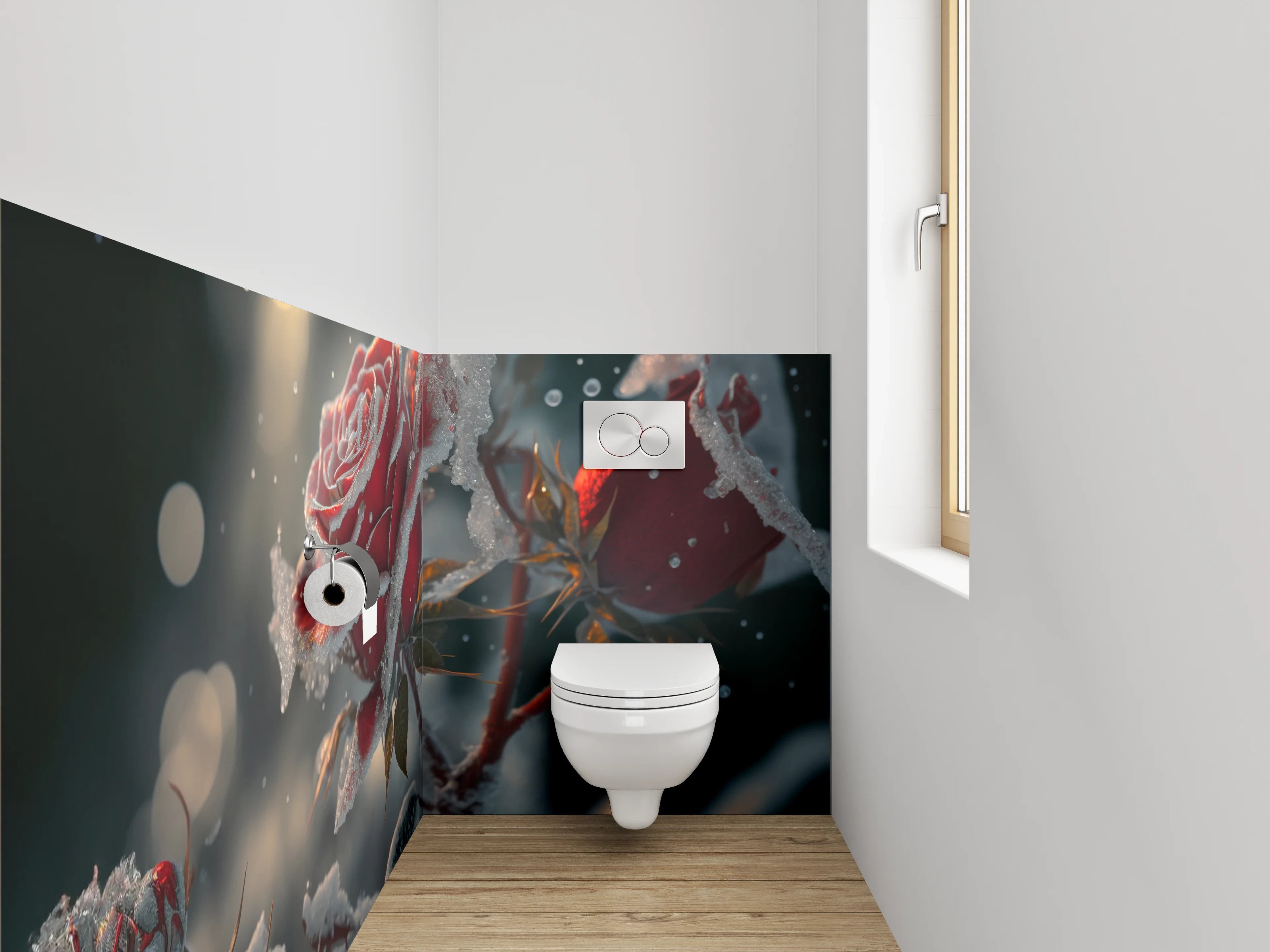 WC-Rückwand - Winterrose mit Raureif-Magie