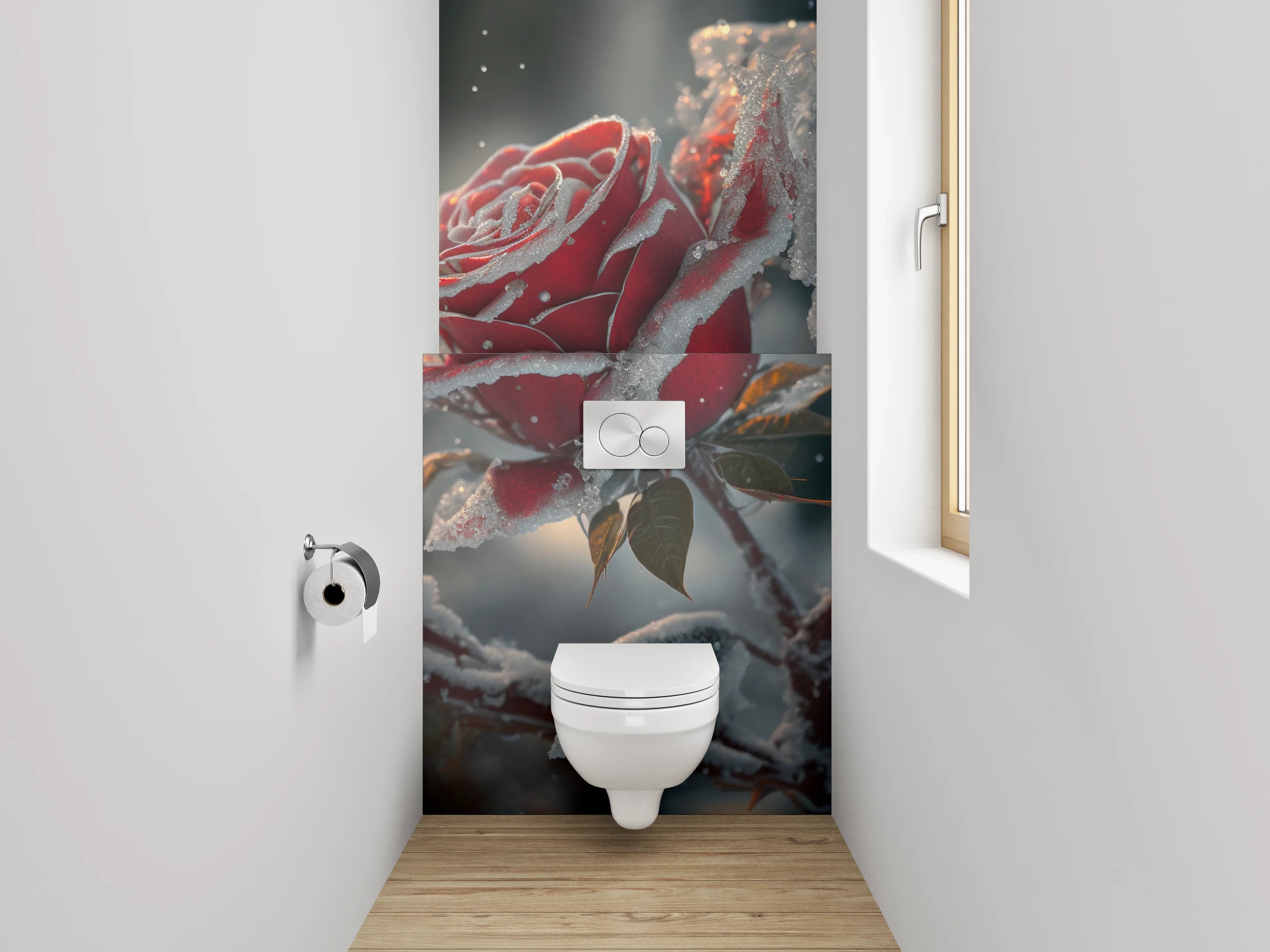 WC-Rückwand - Winterrose mit Raureif-Magie