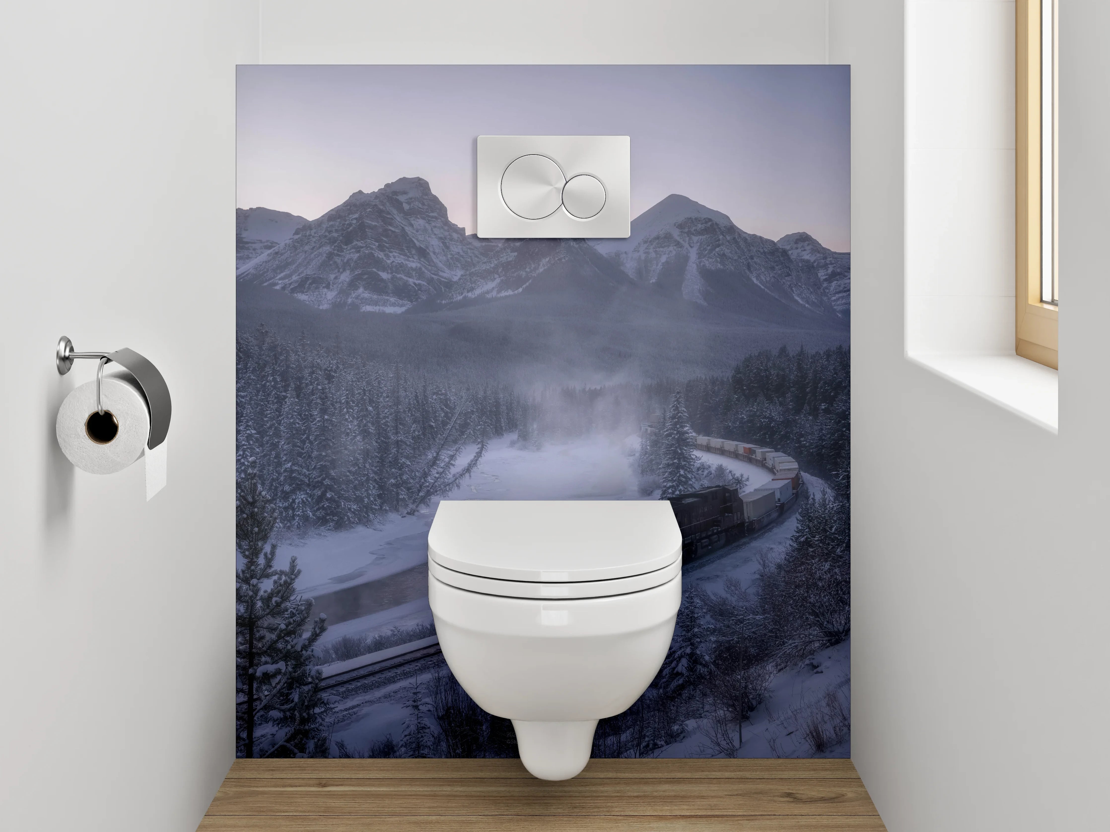 WC-Rückwand - Winterzug durch verschneite Berglandschaft