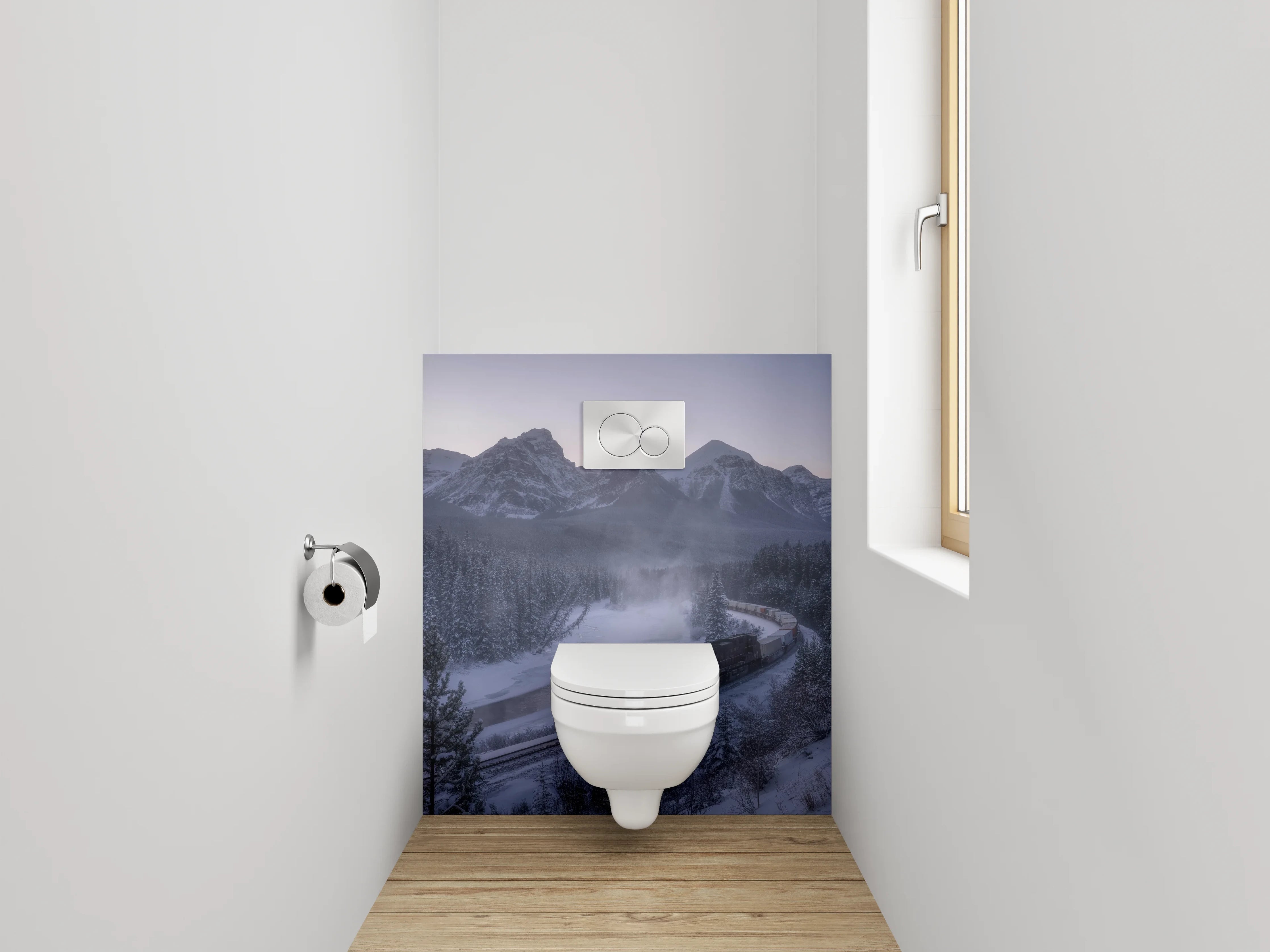 WC-Rückwand - Winterzug durch verschneite Berglandschaft