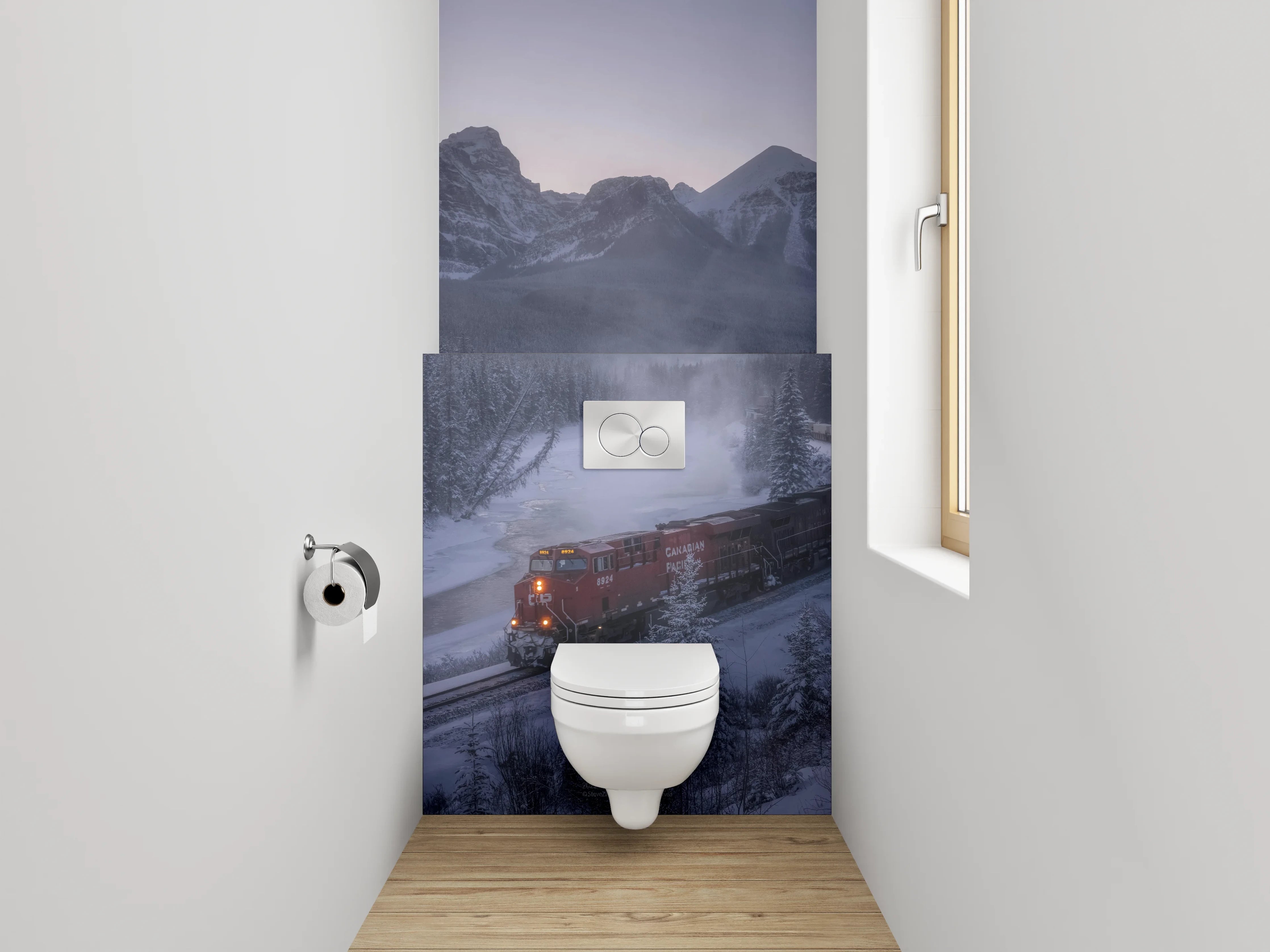 WC-Rückwand - Winterzug durch verschneite Berglandschaft