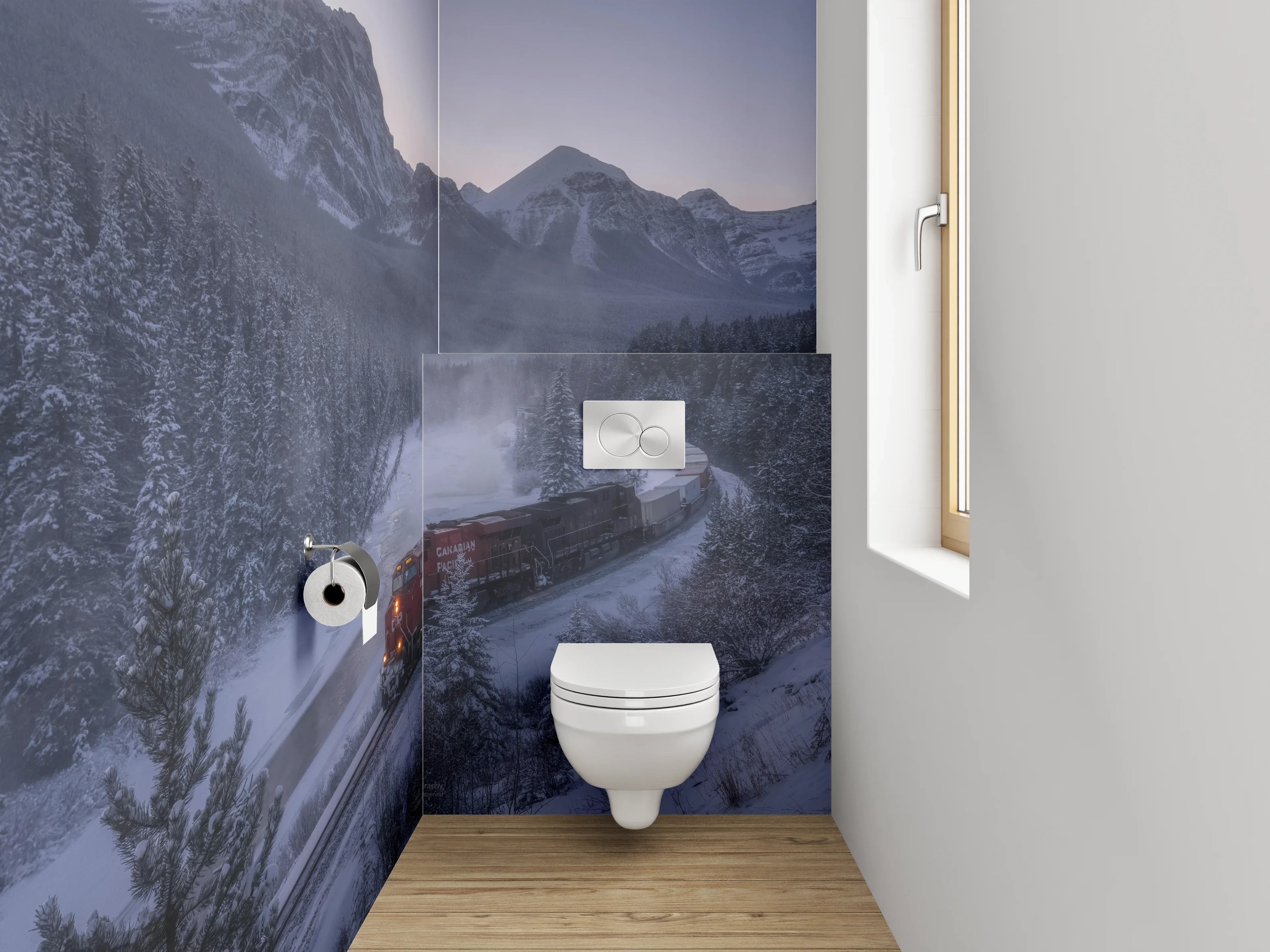 WC-Rückwand - Winterzug durch verschneite Berglandschaft