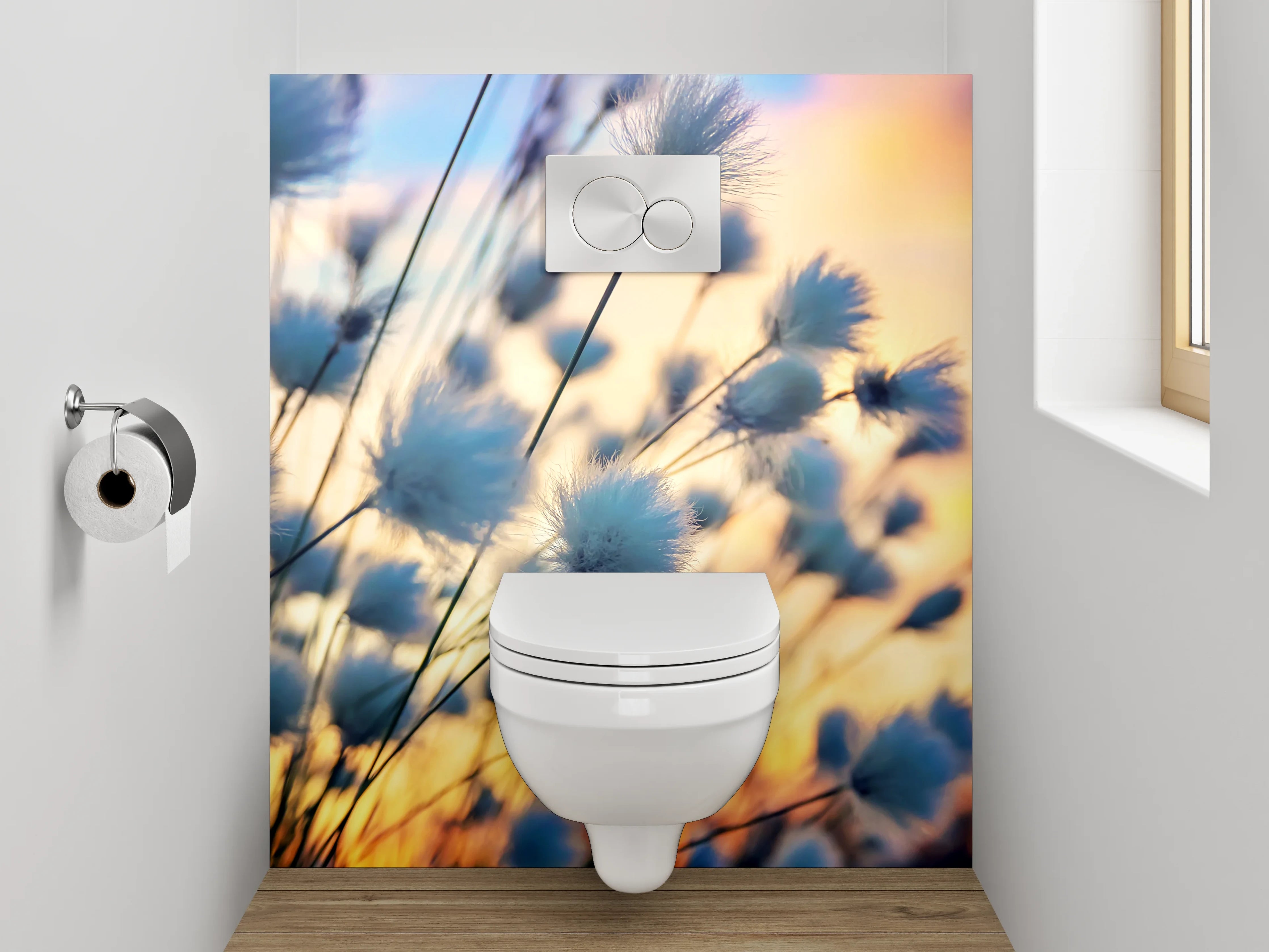 WC-Rückwand - Wollgras im Sonnenuntergang Feld Motiv