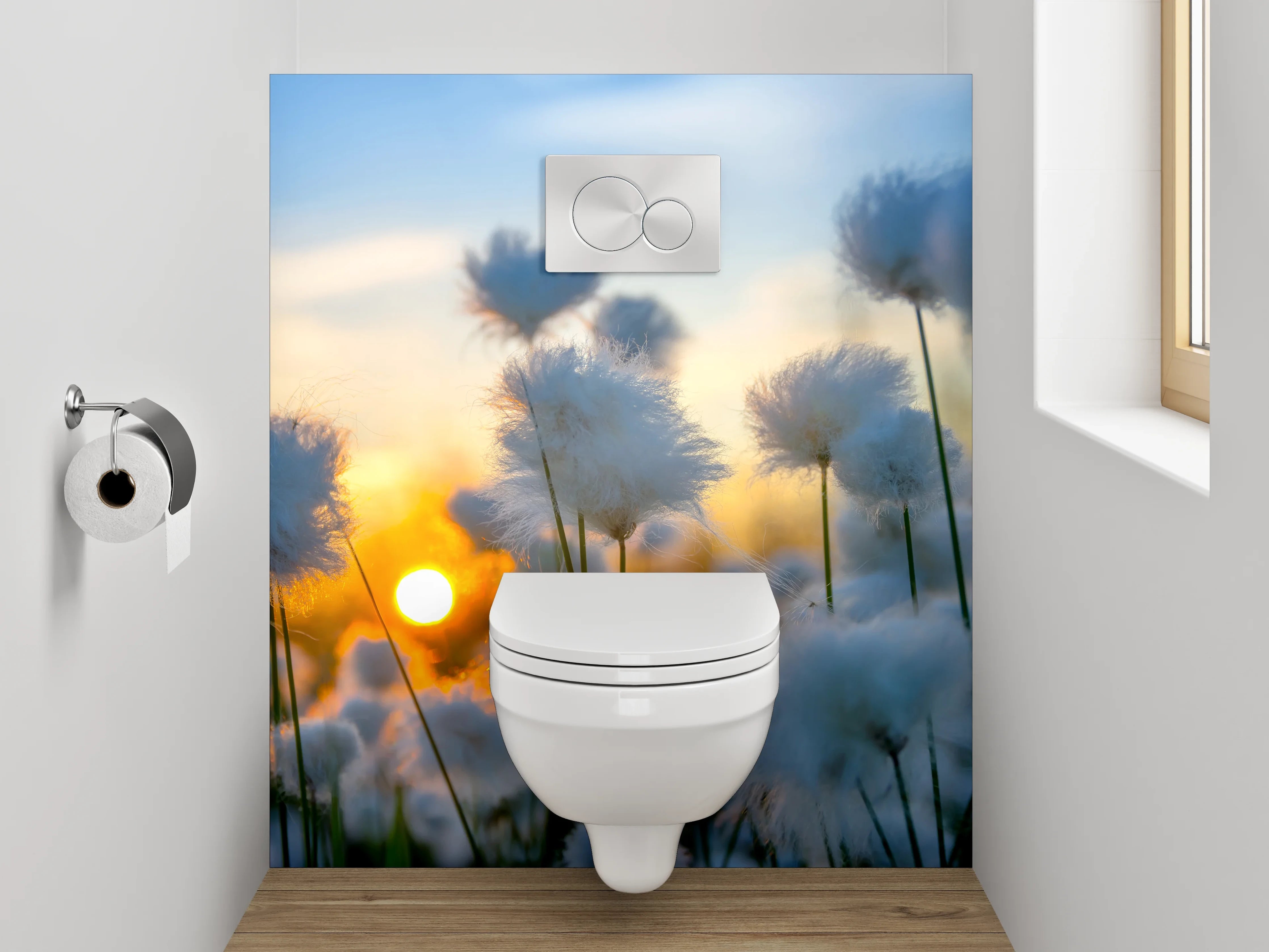 WC-Rückwand - Wollgras im Sonnenuntergang