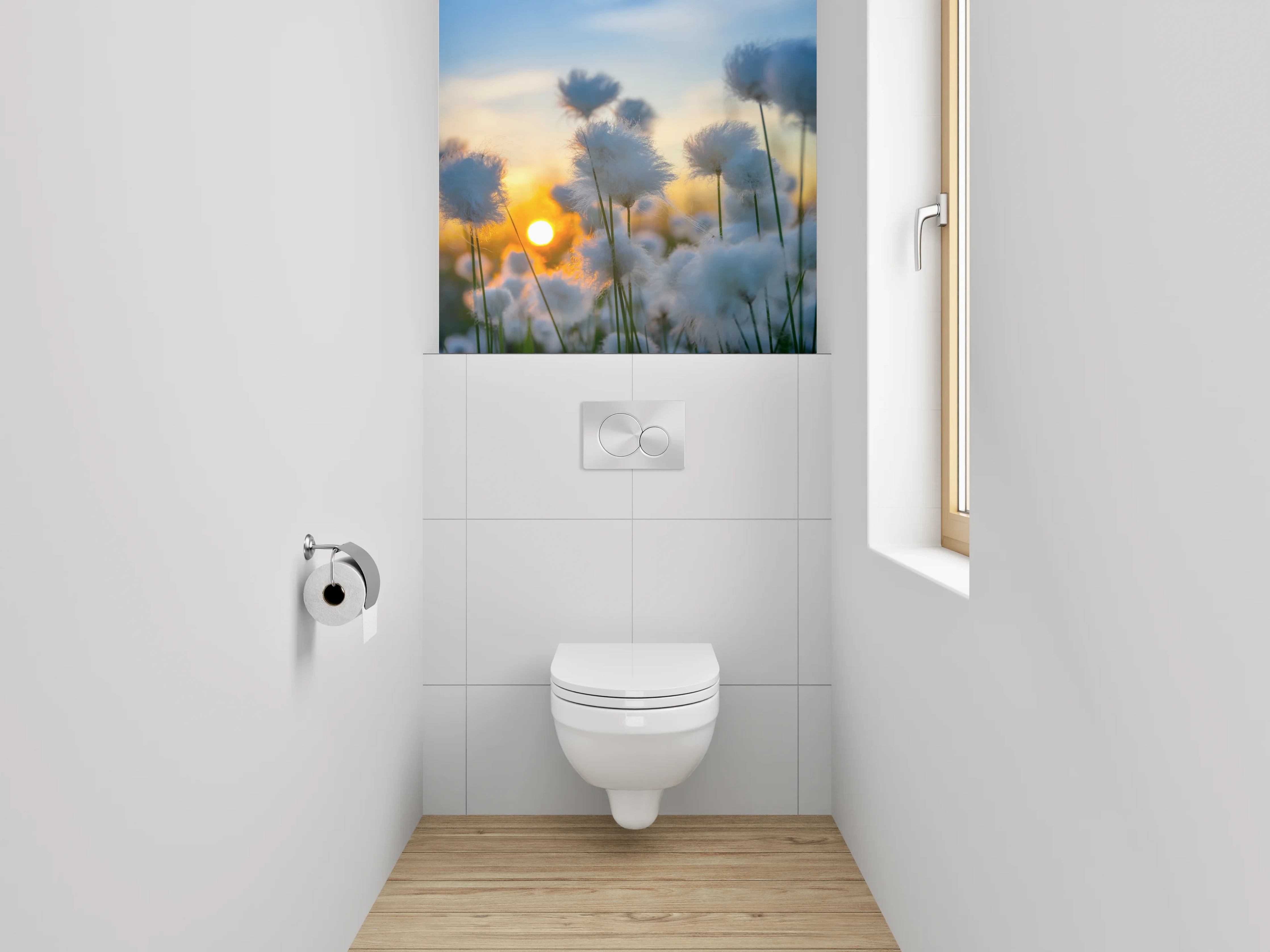 WC-Rückwand - Wollgras im Sonnenuntergang