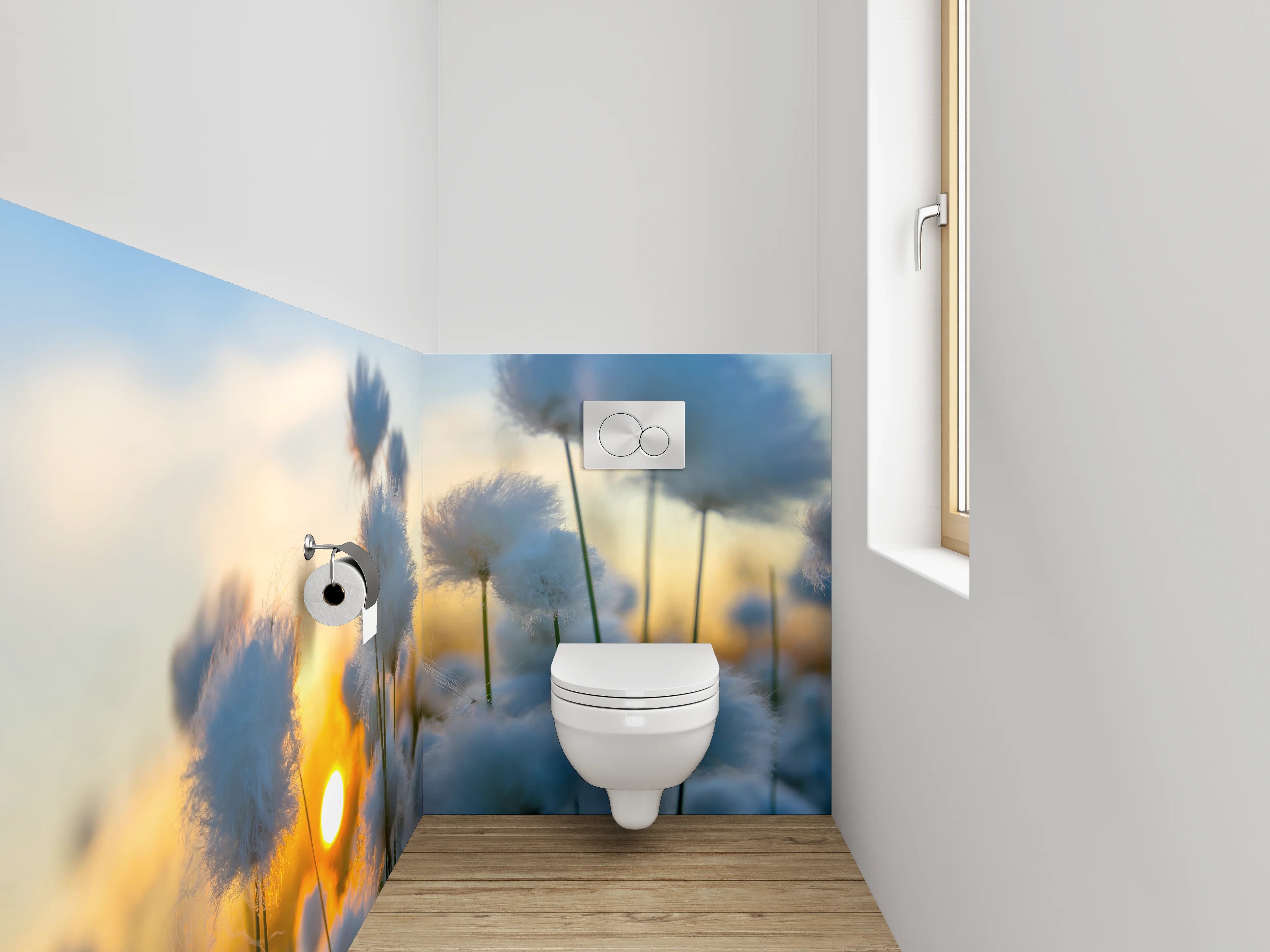WC-Rückwand - Wollgras im Sonnenuntergang