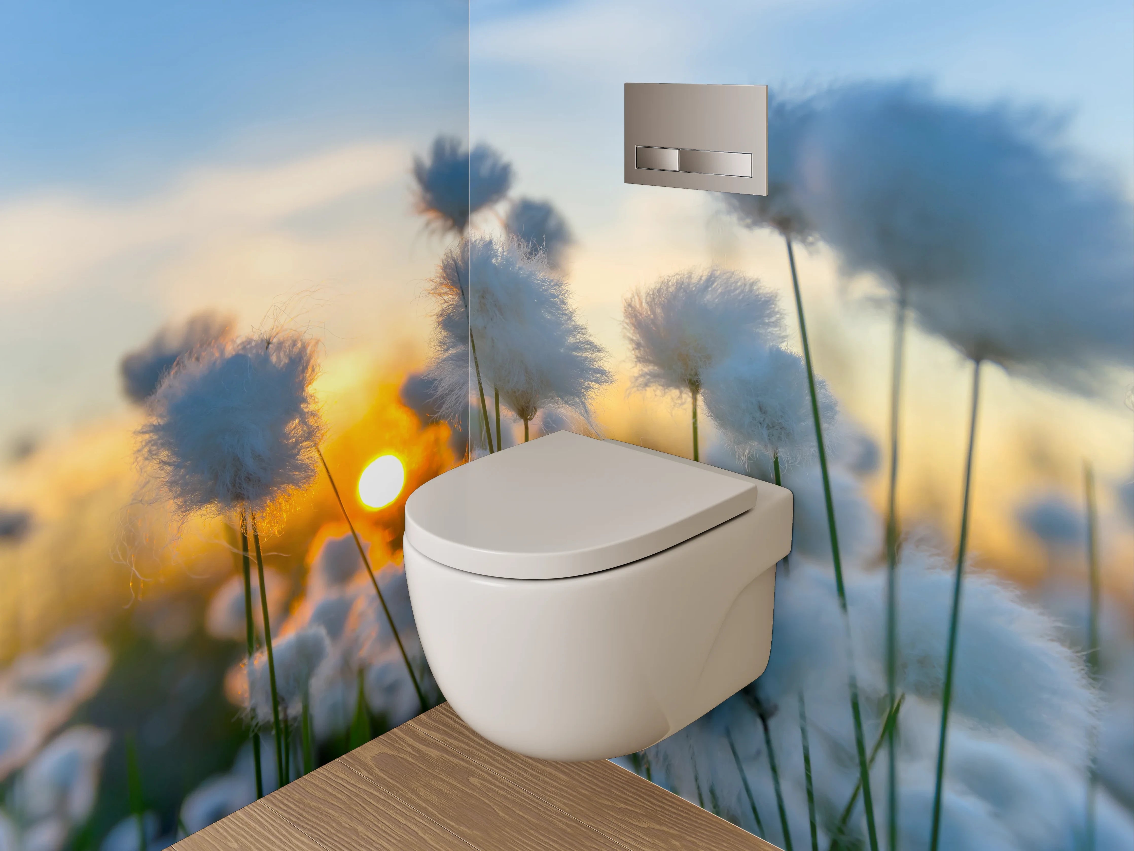 WC-Rückwand - Wollgras im Sonnenuntergang