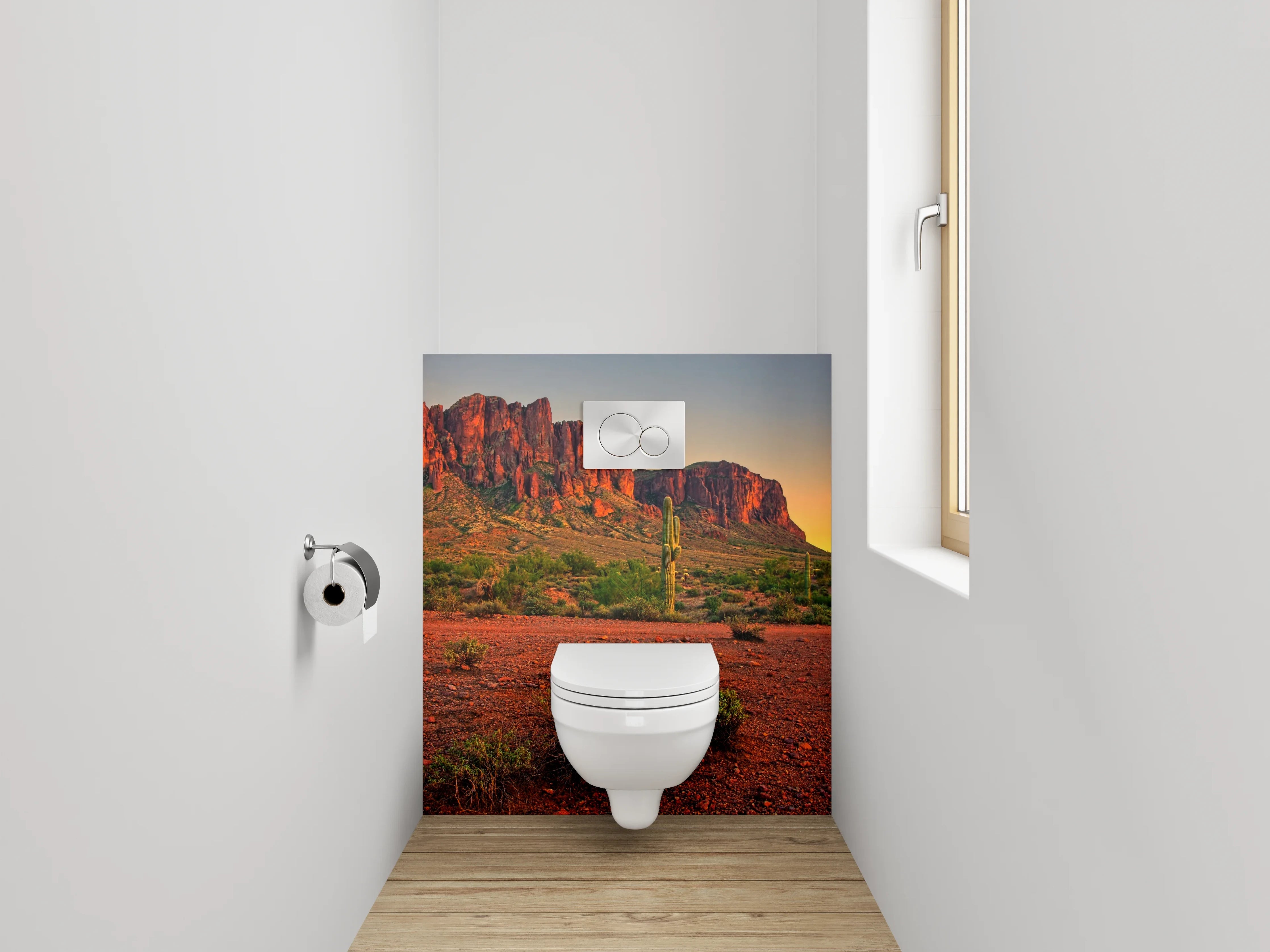 WC-Rückwand - Wüstenlandschaft mit Kakteen und roten Felsen
