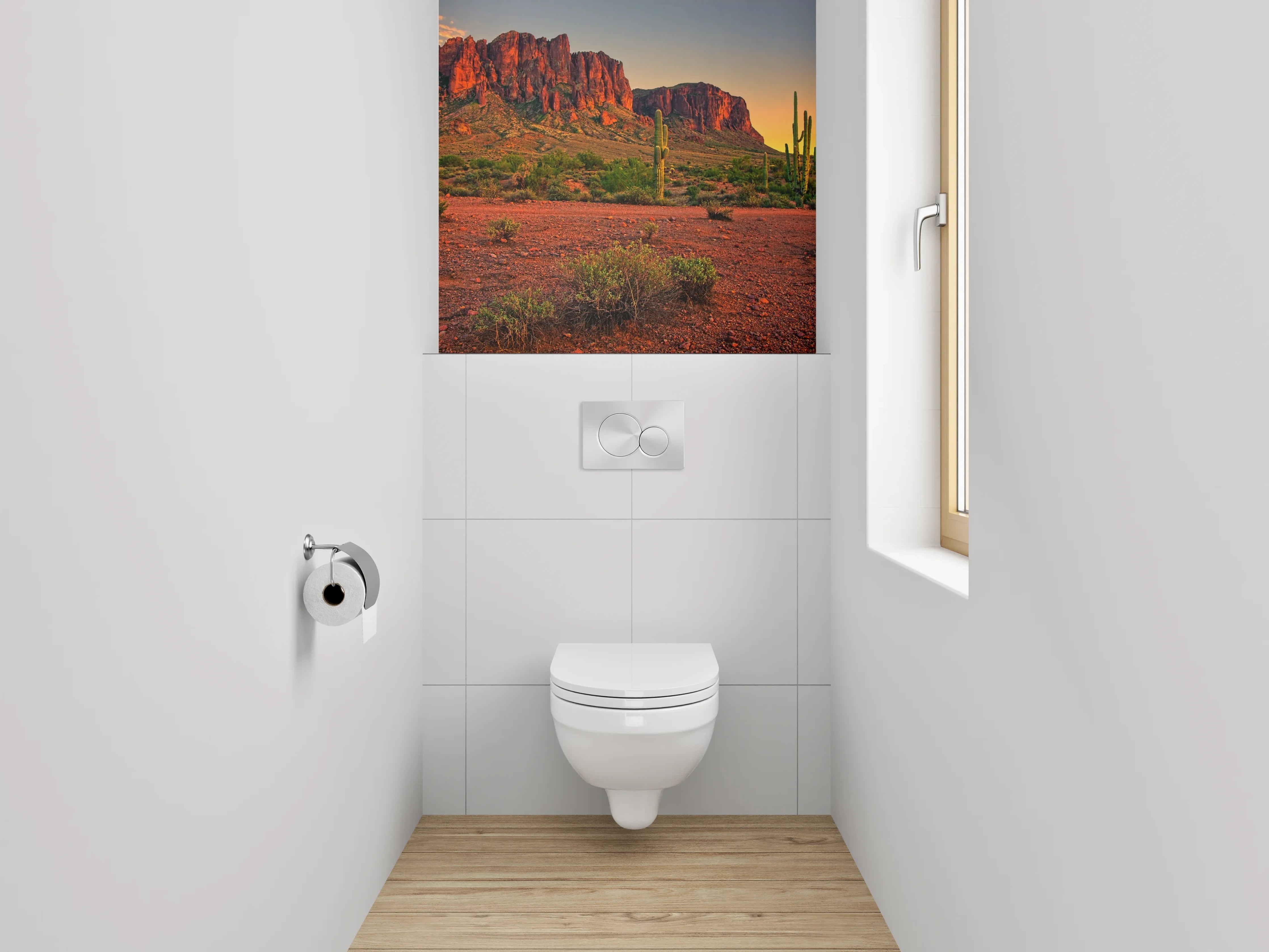 WC-Rückwand - Wüstenlandschaft mit Kakteen und roten Felsen
