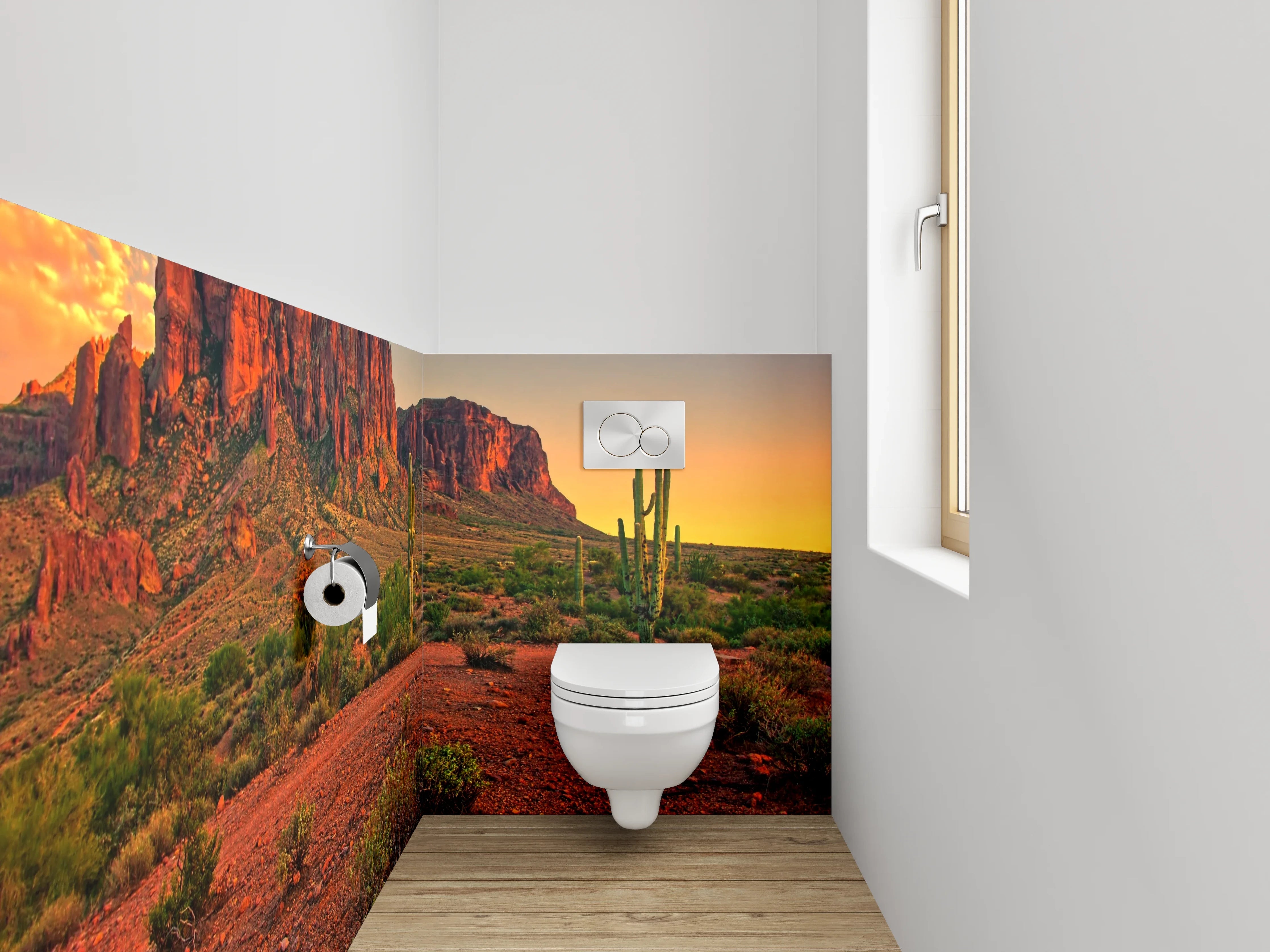 WC-Rückwand - Wüstenlandschaft mit Kakteen und roten Felsen