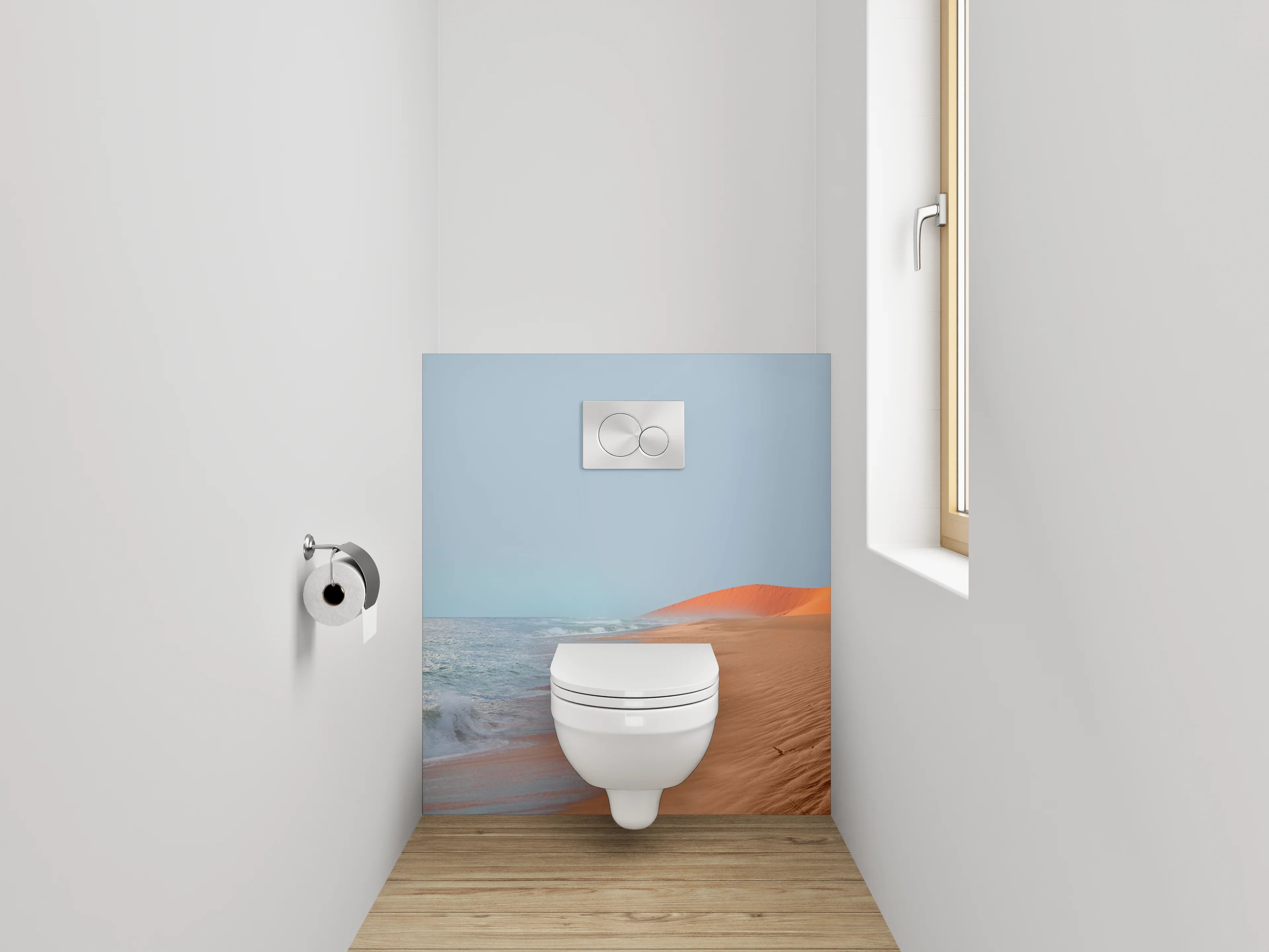WC-Rückwand - Wüstenstrand mit Meereswellen und Sonne